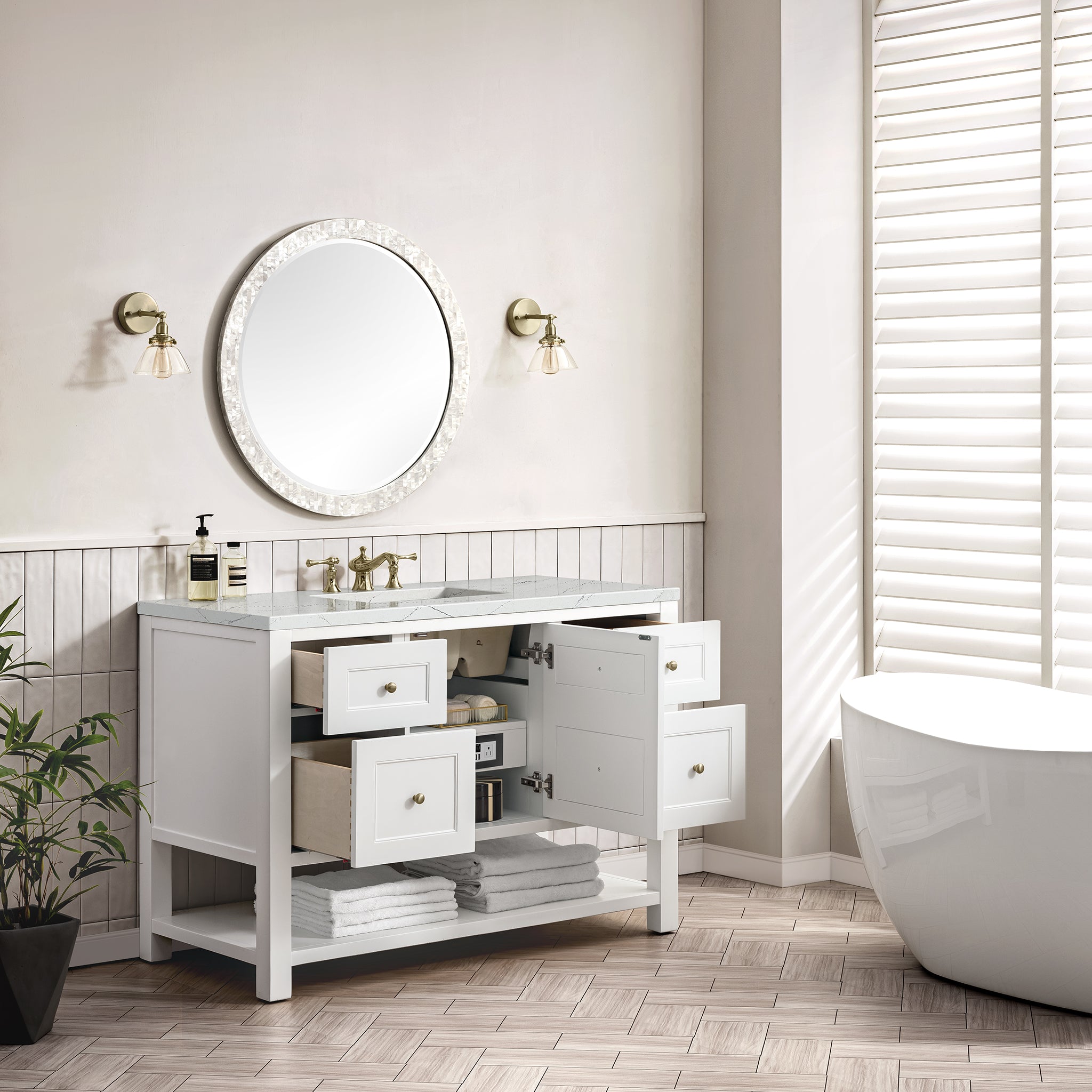Breckenridge 48 Inch Single Bathroom Vanity with Bright White Finish & 3CM Ethereal Noctis Quartz Top - Perfect for Modern Master Bathrooms & Guest Powder Rooms