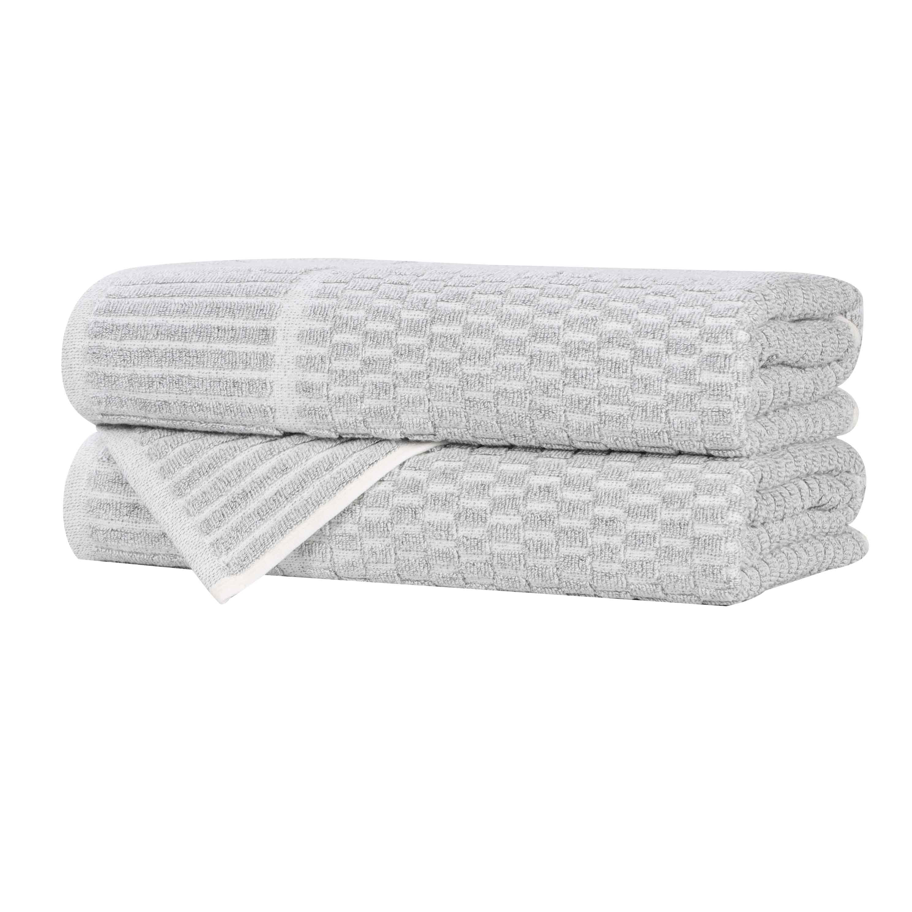 Premium Cotton Blend Checkered Border Bath Towels Set of 2 - Soft, Absorbent & Quick-Drying Medium Weight Towels for Bathroom, Spa, Gym & Beach Use