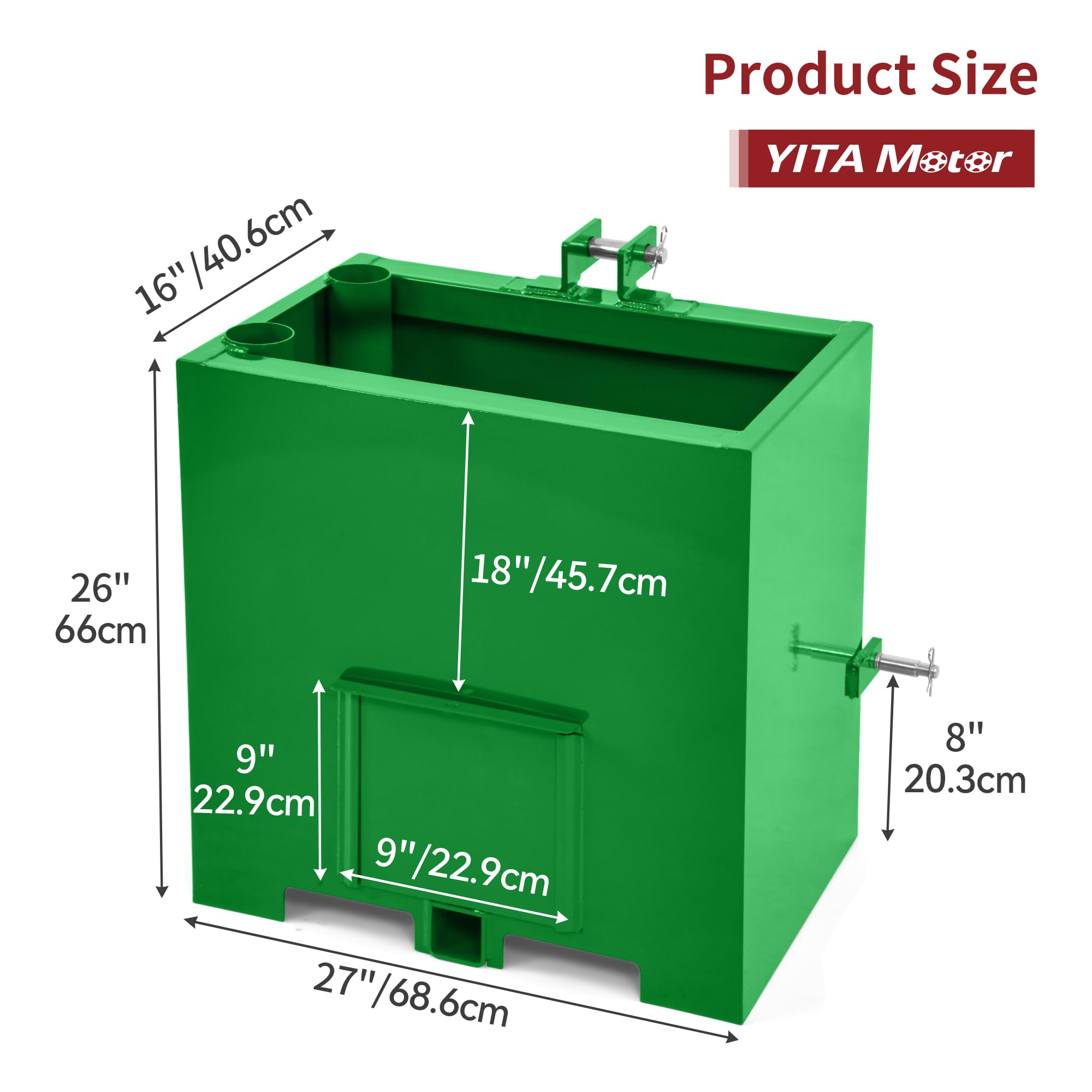 YITAMOTOR 800lbs 3 Point Hitch Ballast Box for Category 1 Tractor - Heavy Duty Weight Box with 2'' Quick Trailer Hitch Receiver (Green) - Perfect for Tractor Stability, Counterbalance & Farm Equipment Transport