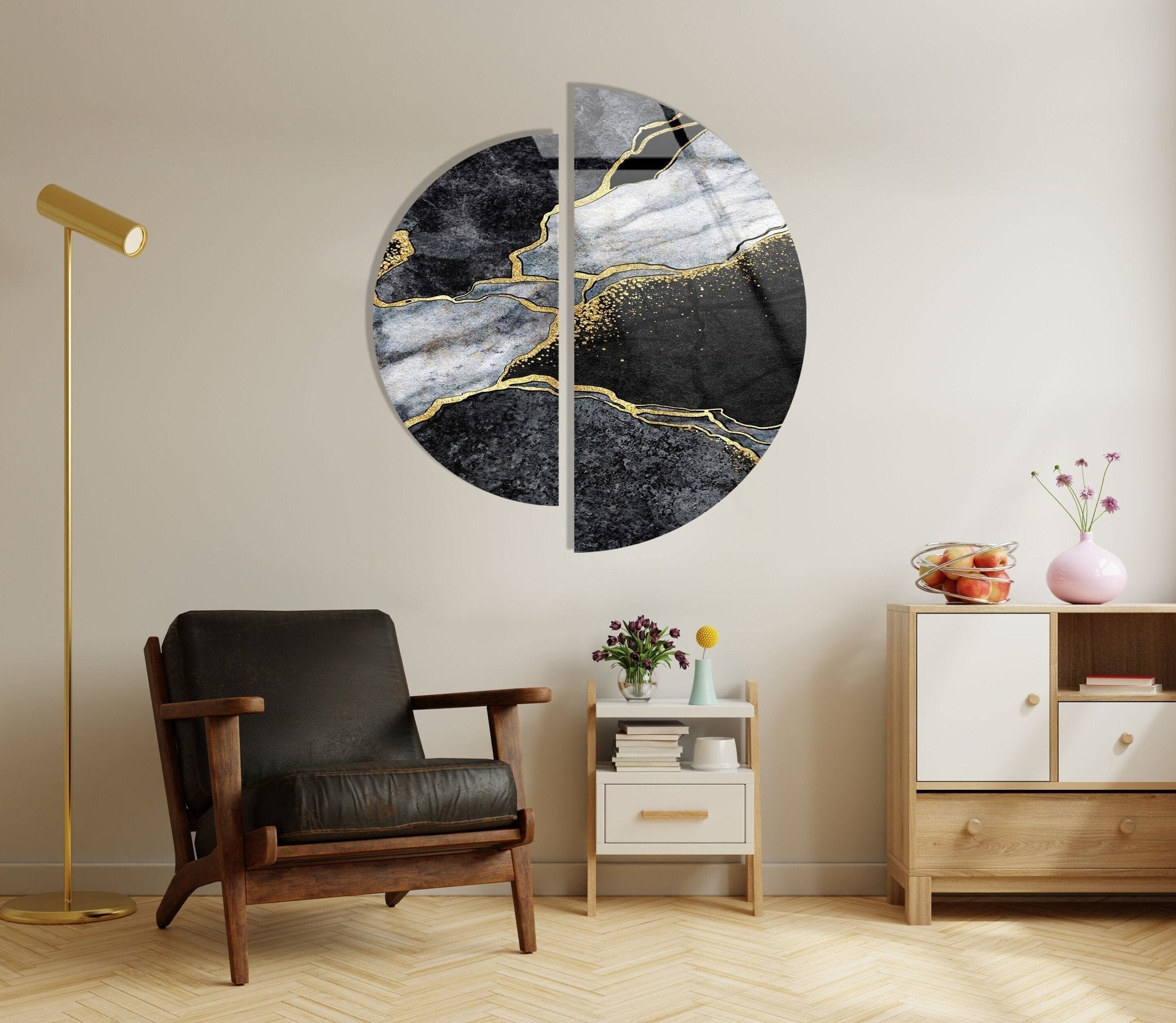 2 Piece Black & Gold Marble Glass Wall Art Set - Modern Abstract Home Decor for Living Room, Bedroom & Office - Shatterproof Tempered Glass Wall Hangings for Stylish Interior Design
