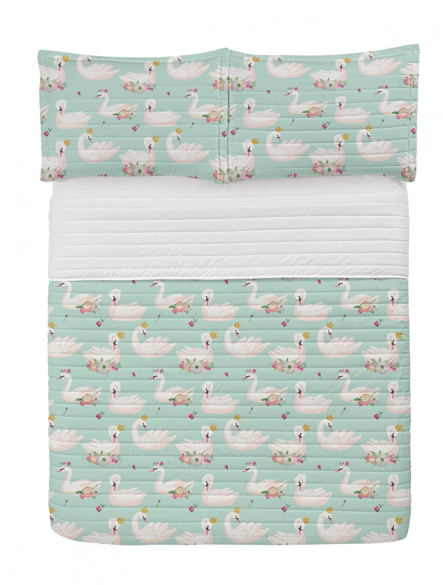 Ambesonne Swan Party Microfiber Bedspread Set - Queen of The Lake Crowned Floral Design, Soft King Size Bedding with Pillow Shams & Comforter in Mint Green, White and Pink | Perfect for Spring Bedroom Decor, Guest Room Makeover & Luxury Hotel Style Home