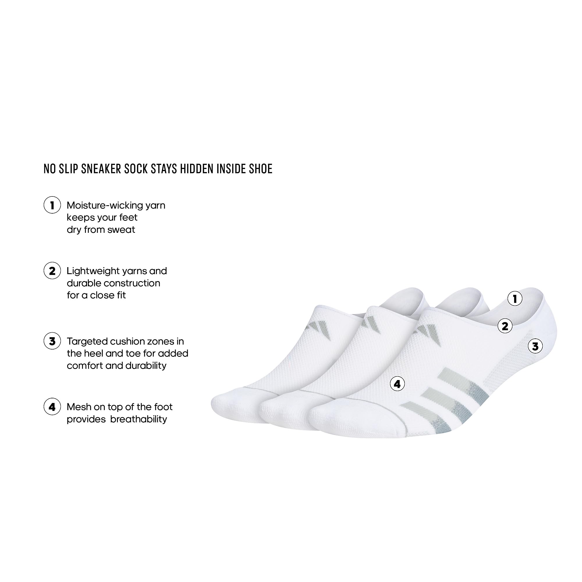 adidas Men's Superlite Stripe 3 No Show Socks 3-Pack - Breathable Athletic Socks for Running, Gym & Casual Wear
