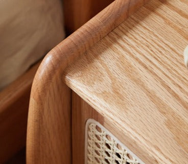 Solid Oak Wood Nightstand with Rattan Accents - Stylish Bedside Table for Bedroom Decor, Living Room, or Guest Room