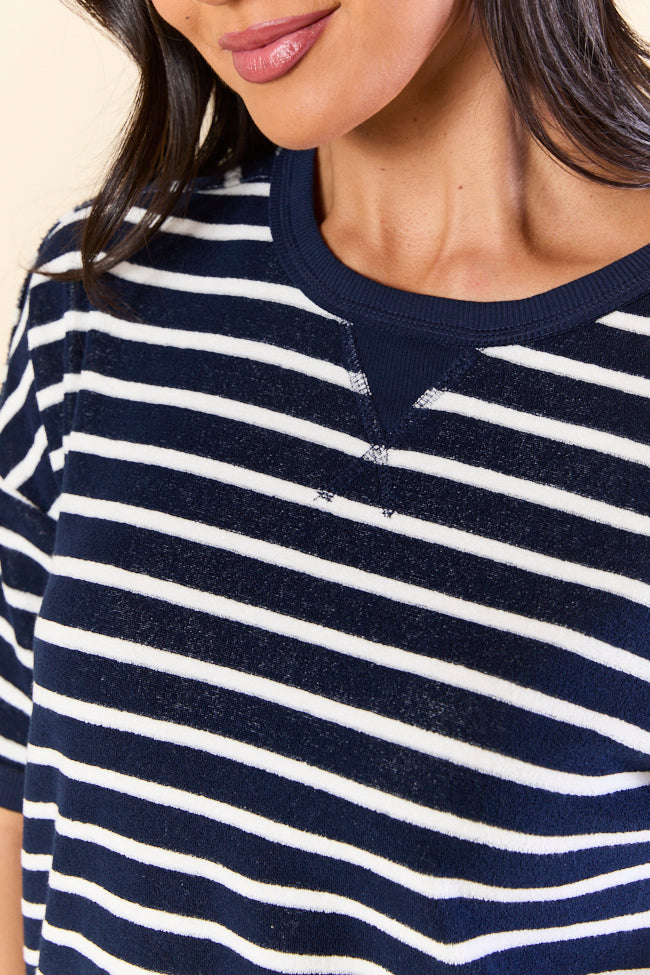 Color Wave Navy and White Striped Knit Boxy Tee - Women's Casual Oversized T-Shirt for Summer Beach Outings and Streetwear Fashion