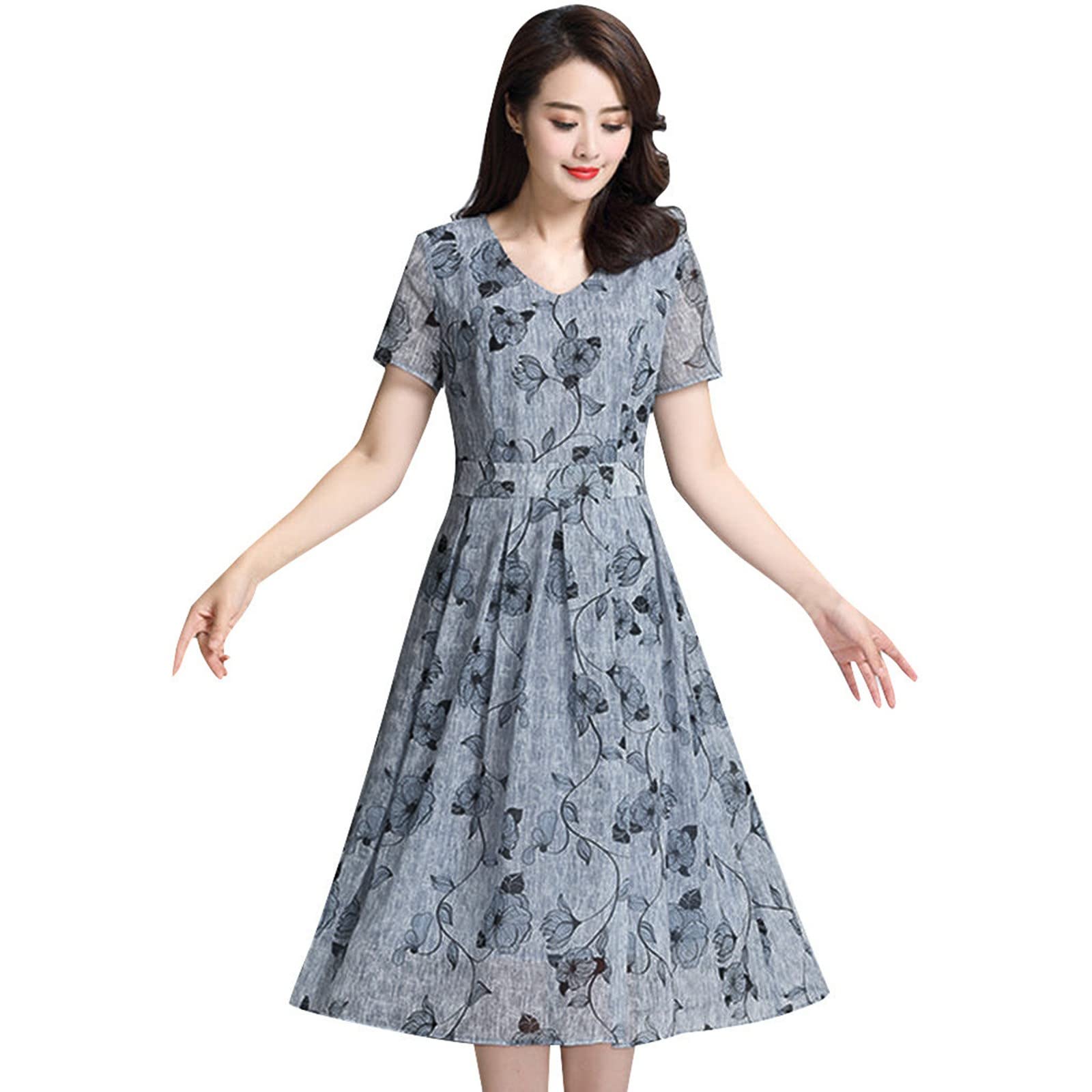 Women's Floral Print V-Neck Long Sleeve A-Line Dress - Casual & Cocktail Party Wear for Date Night, Office, and Special Occasions