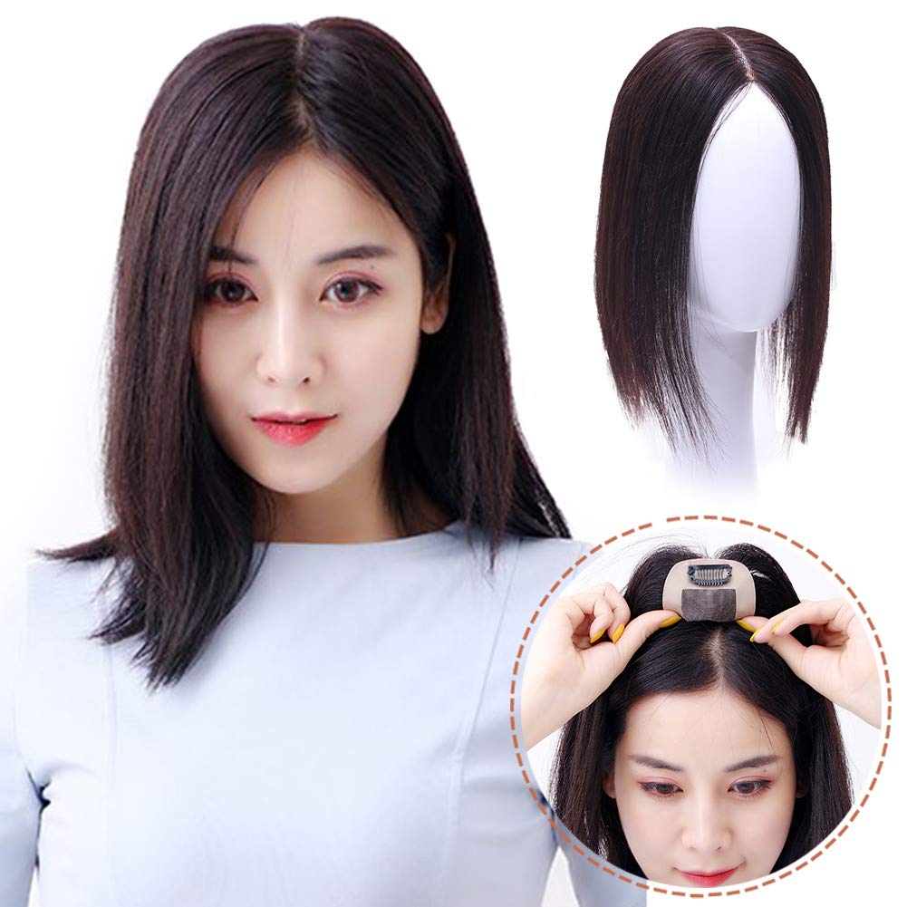 Natural Black Real Human Hair Topper for Women - Long Straight Clip-In Hairpiece with Silk Base (10x12 20cm) - Perfect for Thin Hair & Daily Styling