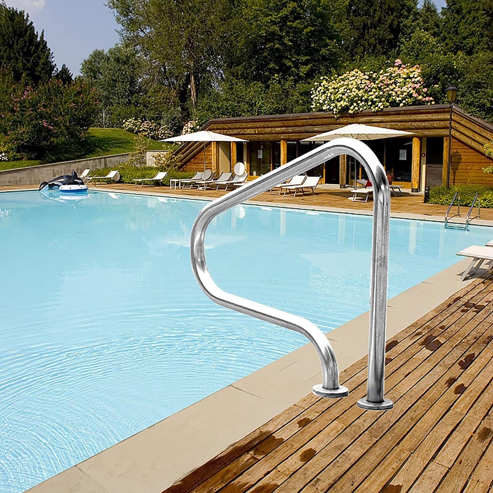Stainless Steel Swimming Pool Handrails with Flange - Quick Installation Base Safety Railings (80CM) for Inground Pool Entrance - Durable & Rustproof Pool Ladder Handrail for Elderly & Kids Safety at Poolside