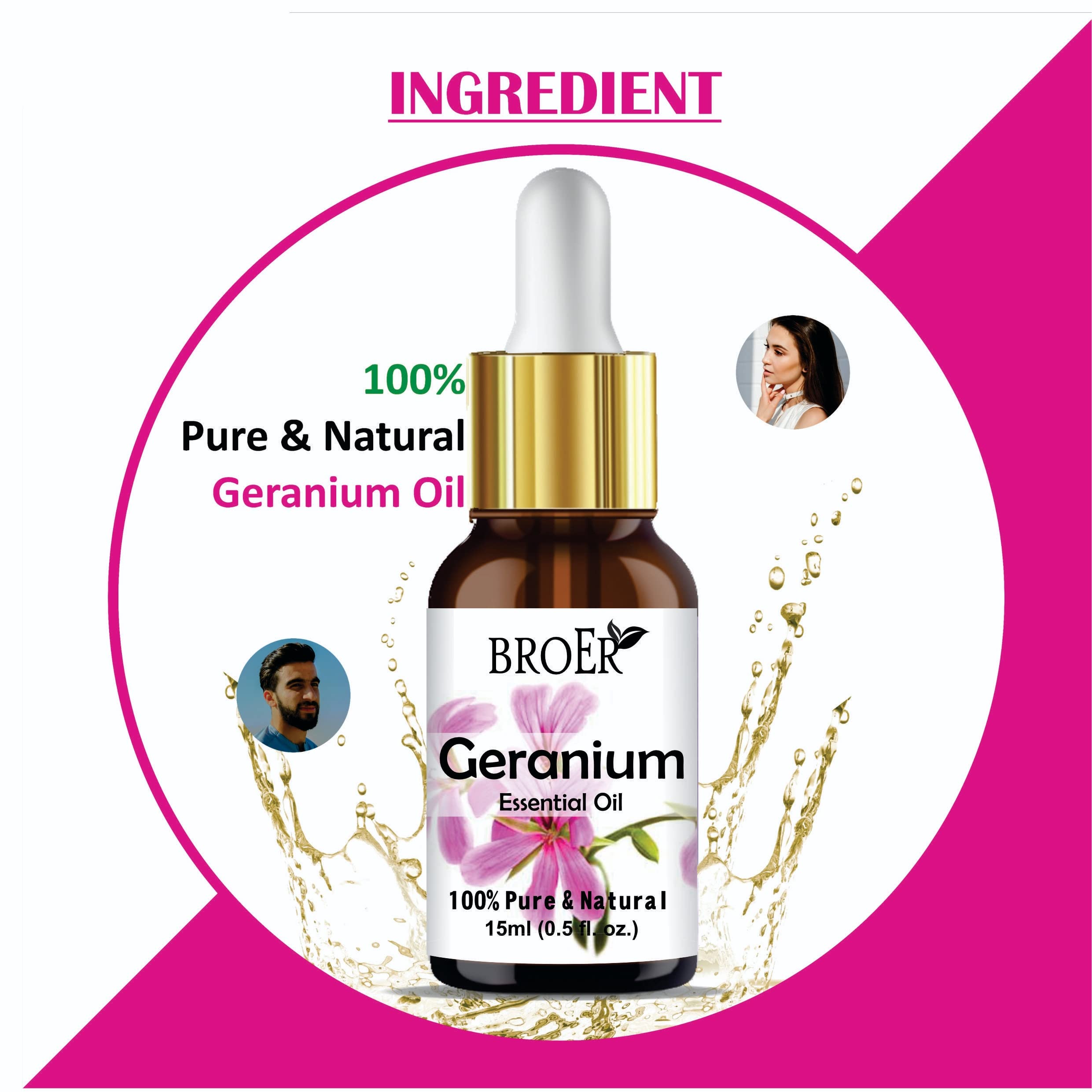 BROER Naturals Pure Geranium Essential Oil - 100% Pure, Natural & Undiluted for Skin Care, Hair Growth, Diffuser & Aromatherapy | No Parabens, Sulfates | Cruelty-Free, Vegan | 2-Pack (30ml Each) | Perfect for Relaxation, Massage & DIY Beauty Products