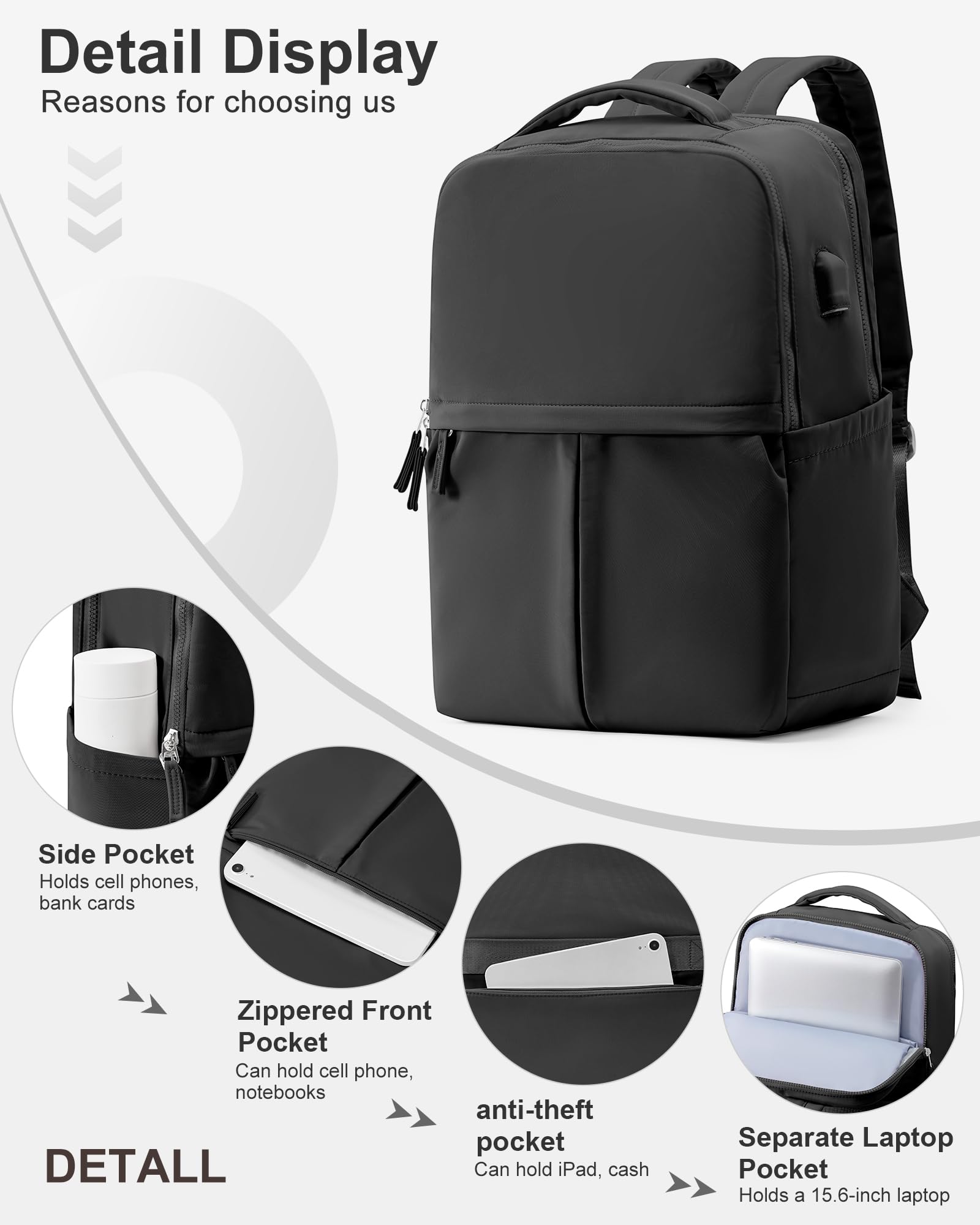 Large Black Travel Backpack for Women & Men - Waterproof Laptop Backpack for Airplane Carry On, College, Gym & Work - Durable Multi-Purpose Backpack for Travel, Commuting & Outdoor Adventures