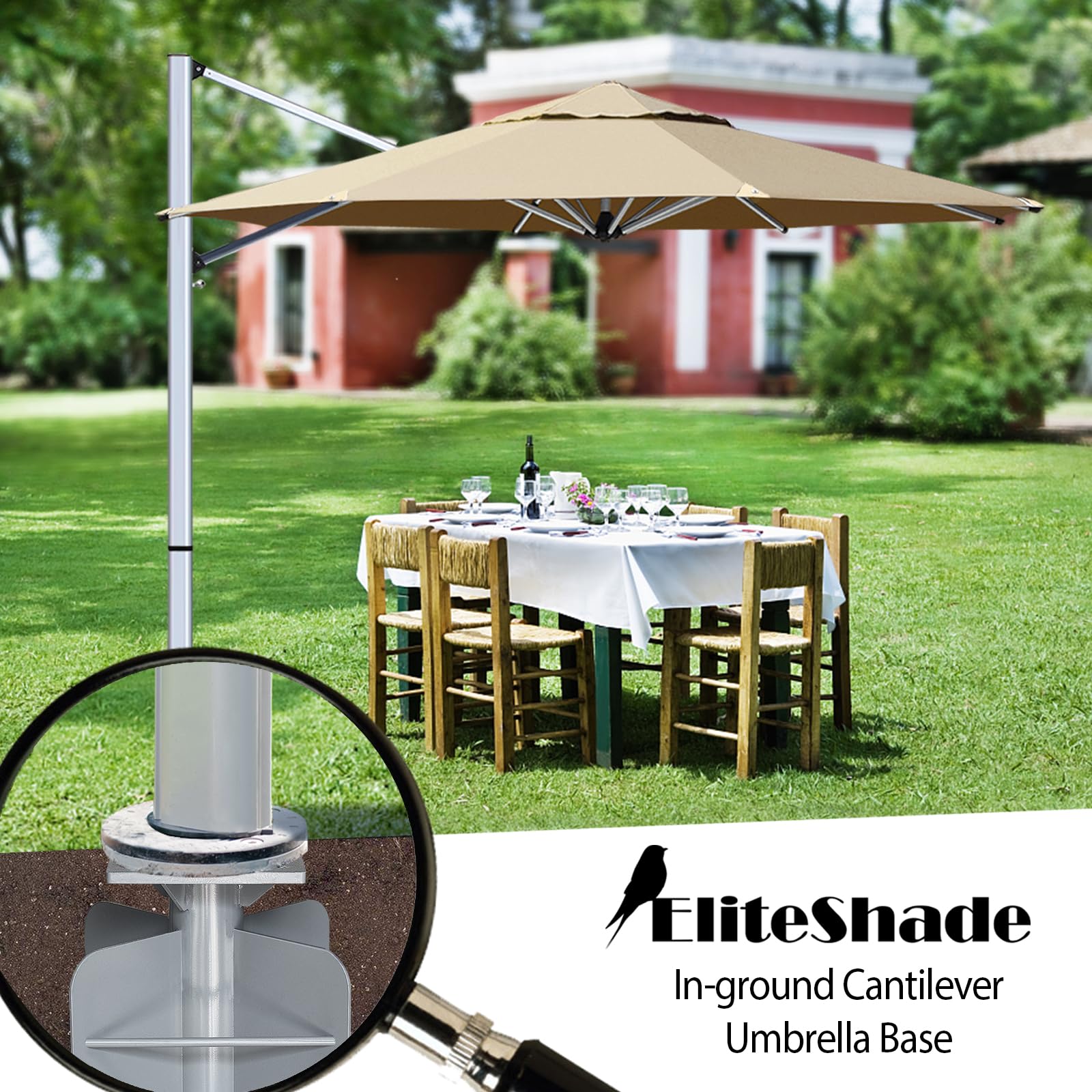 Heavy Duty In-Ground Umbrella Base Stand for Offset Cantilever Patio Umbrella - Silver | EliteShade USA | Perfect for Poolside, Backyard, and Outdoor Dining Areas