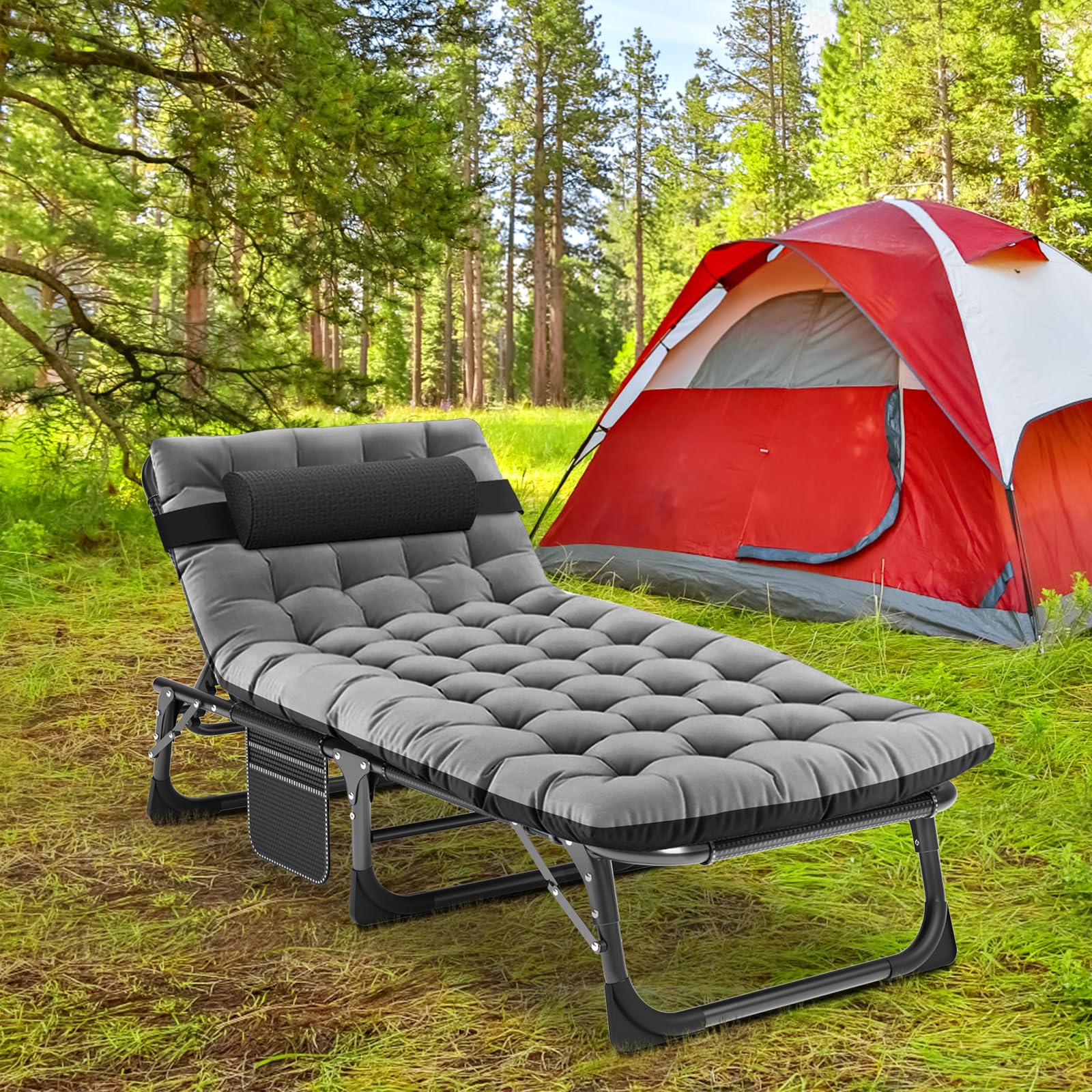 LILYPELLE Adjustable 4-Position Camping Cot - Heavy Duty 500lbs Capacity Foldable Chaise Lounge with Pillow - Portable Outdoor Furniture for Adults - Perfect for Camping, Backyard, Beach, Poolside & Patio Relaxation