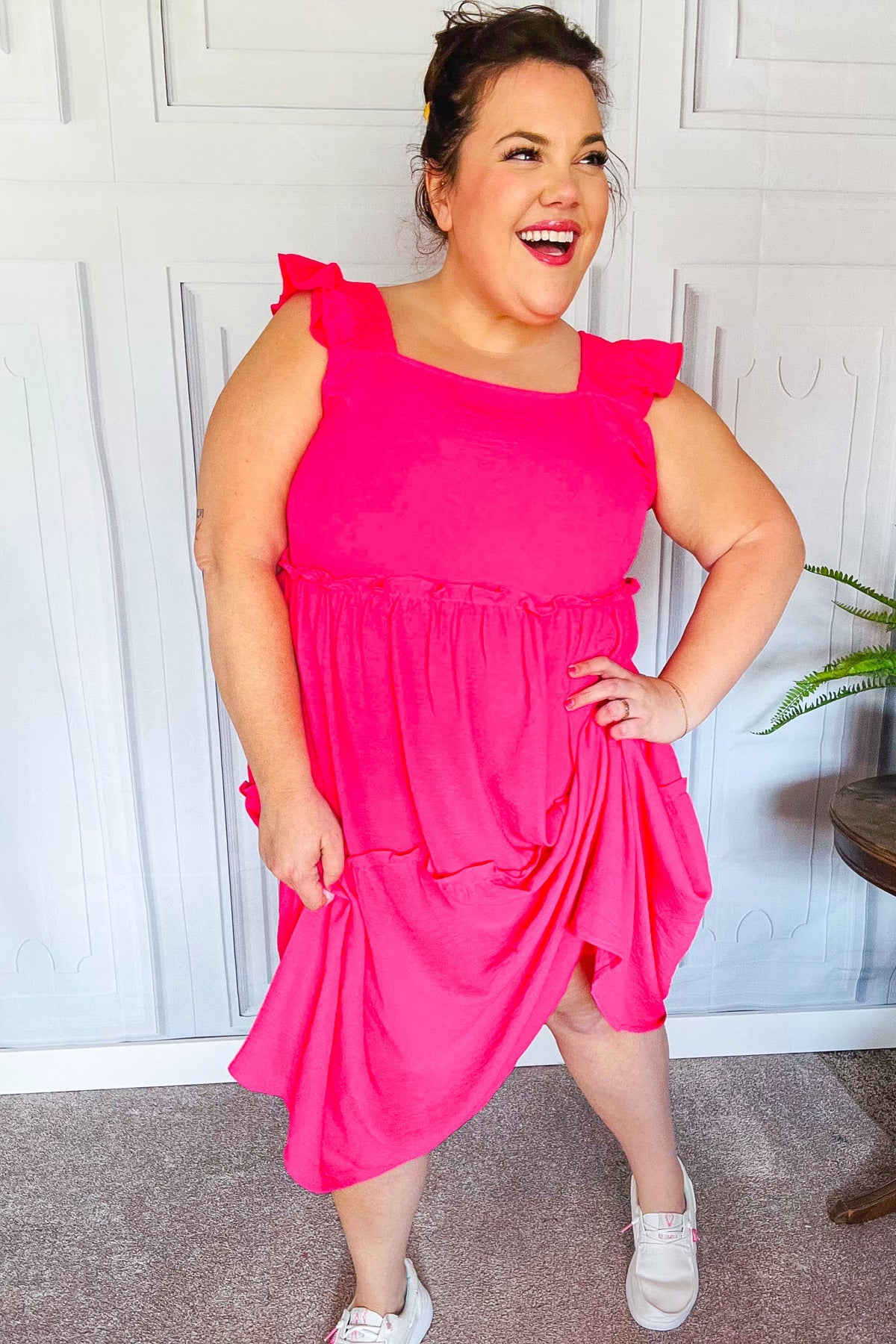 Fuchsia Smocked Flutter Sleeve Tiered Midi Dress for Women - Elegant Summer Casual & Wedding Guest Outfit