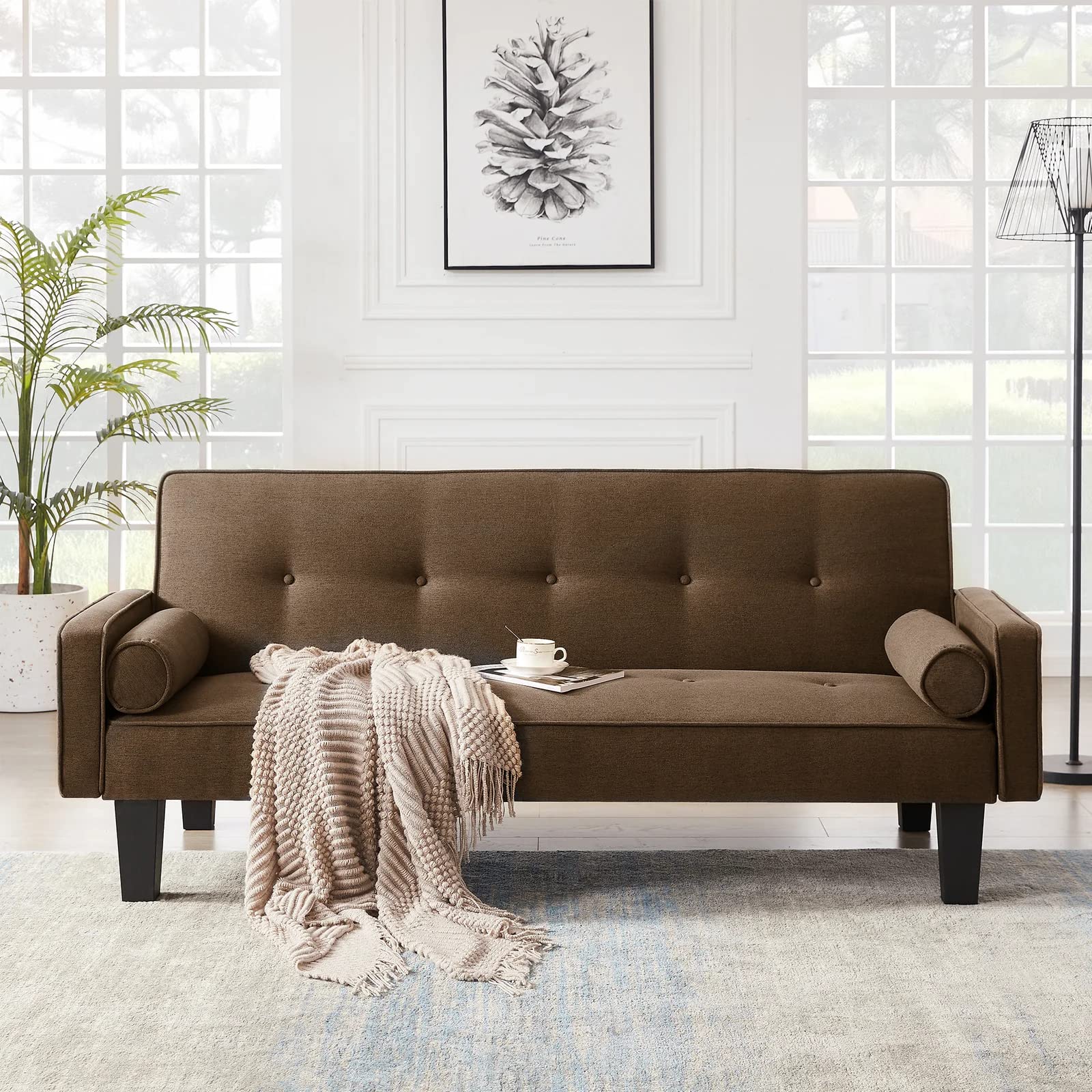 Easytour Convertible Futon Sofa Bed - Modern Velvet Love Seat Couch with Pillows & Wooden Legs, Button Tufted Design for Small Spaces (Brown) | Perfect for Apartments, Dorms, Guest Rooms & Home Offices