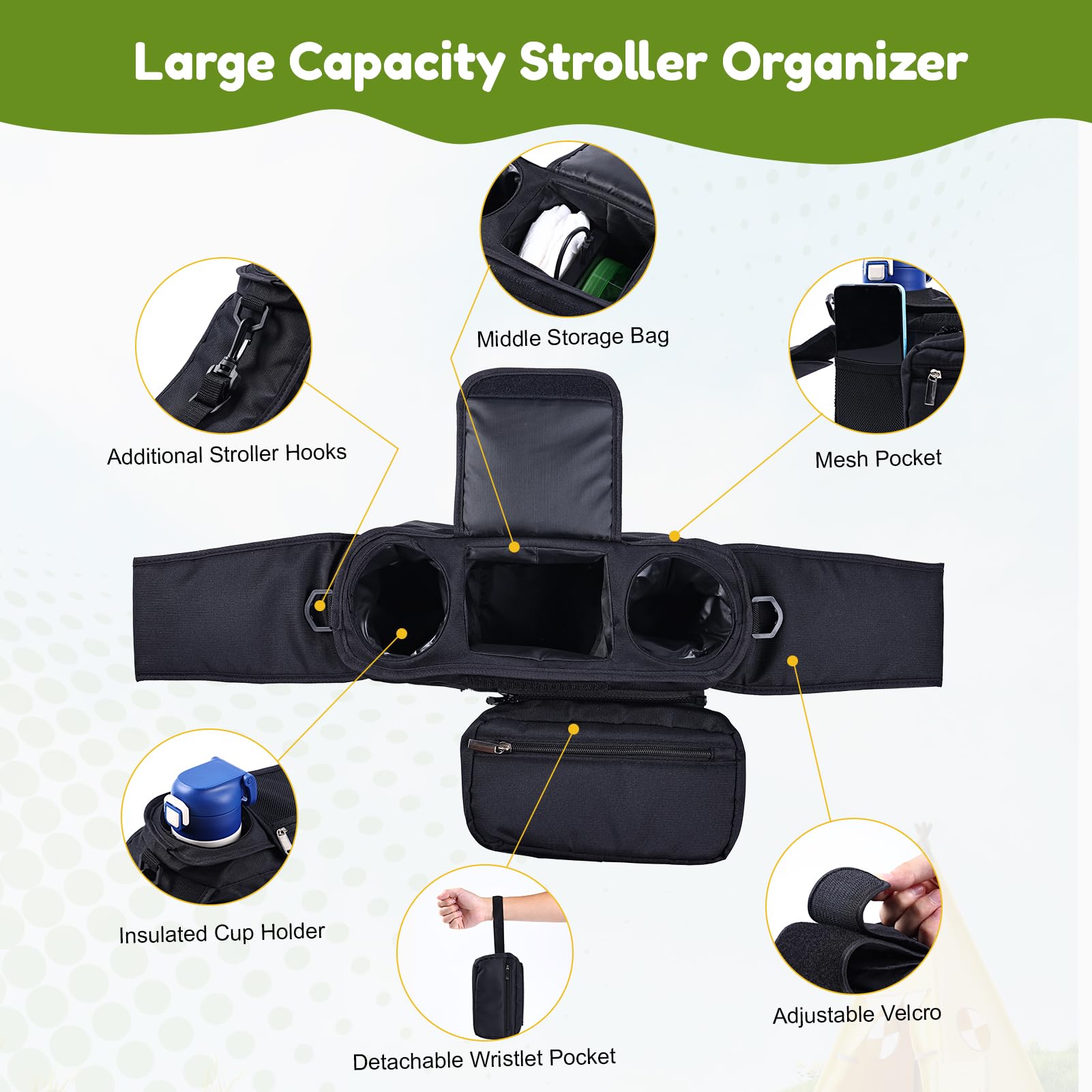 Universal Stroller Organizer & Cup Holder - Fits Doona, Evenflo Shyft Dualride, Uppababy Vista V2 & More | Perfect for Diaper Bags, Snacks & Drinks on Stroller Walks