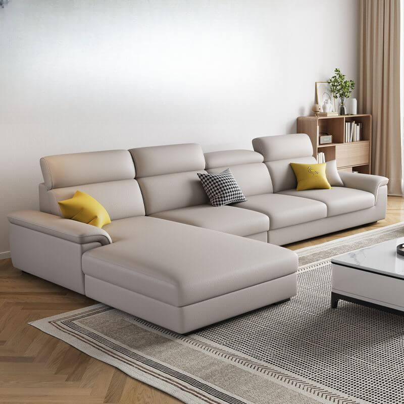 L Shape Sofa Chaise Sectional - 4 Seater 3 Piece Set with Pillow Top Arm & Chaise (Grey/Azure) - Left Hand Facing Modern Living Room Furniture for Small Spaces & Apartments
