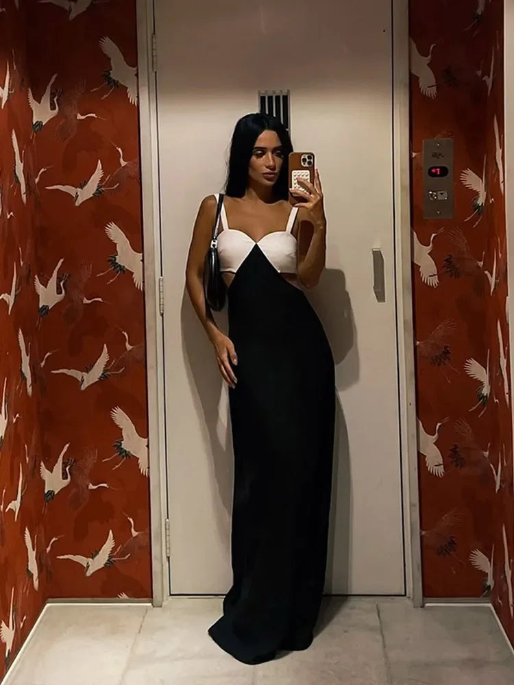 Elegant Contrast Hollow Out Slim Long Dress for Women - Sleeveless Bodycon Maxi Robe | Summer Party, Vacation & Evening Wear | Fashionable 2025 Dress for Special Occasions