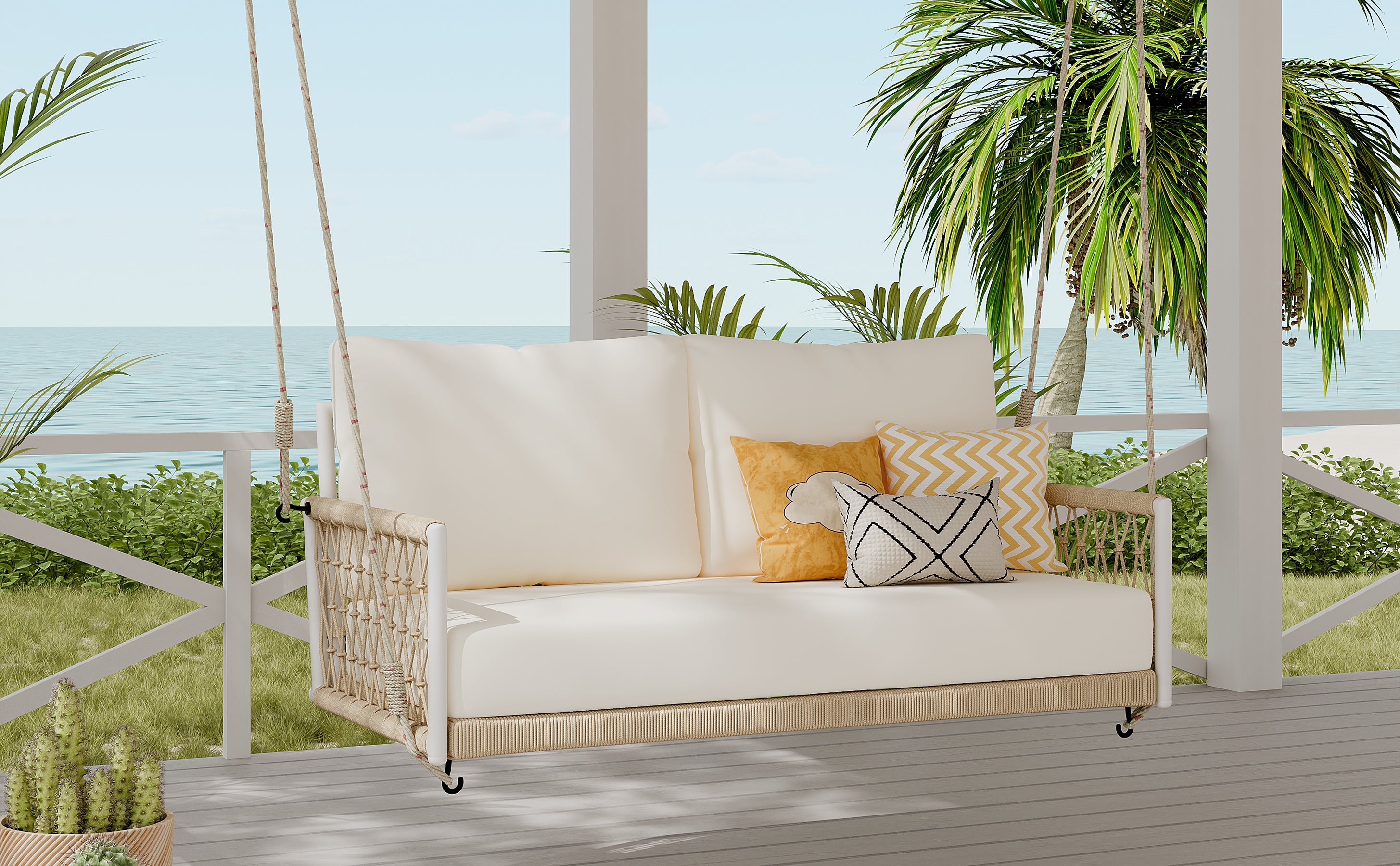 1 Piece Woven Rope Outdoor Swing Sofa with Soft Cushions - Seats 2 People - Perfect for Patio, Garden, Backyard, Balcony & Porch - Weather-Resistant Beige Hanging Chair for Relaxation & Leisure Time