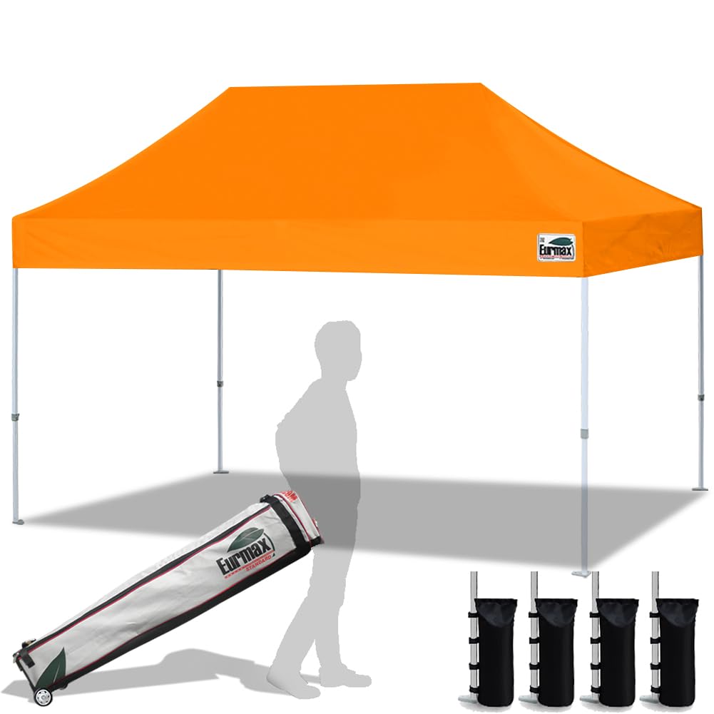 Eurmax USA 10x15 FT Heavy Duty Pop Up Canopy Tent with Roller Bag & 4 Sand Weight Bags - Instant Shelter for Outdoor Sports, Beach, Camping, Picnics, and Events (Orange)