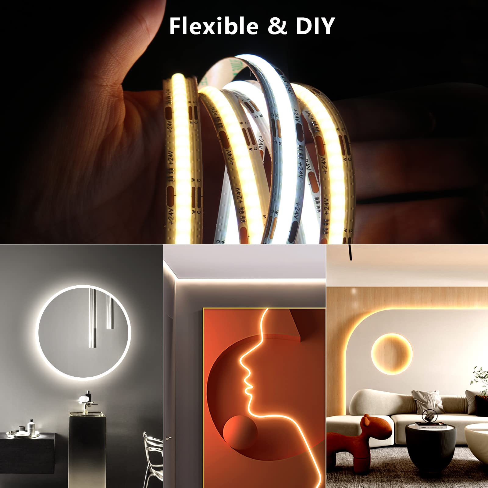 Bright COB LED Strip Lights 16.4ft 6000LM - Dimmable for Bedroom, TV Backlight