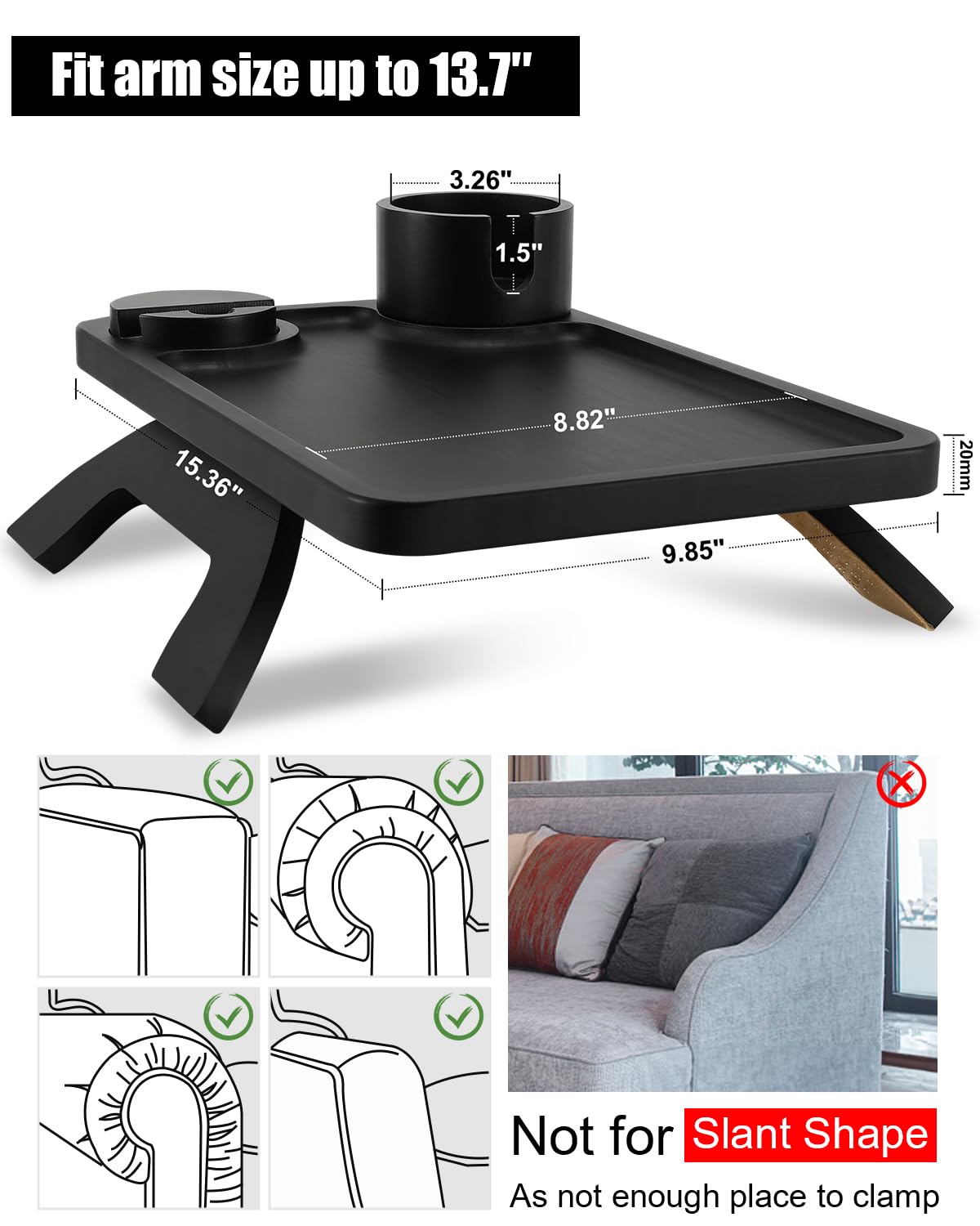 360° Rotating Bamboo Couch Arm Table with Cup & Phone Holder - 15.36x9.85 Inch Sofa Tray for Living Room, Bedroom - Perfect for Snacks, Drinks, Remote Control & Reading in Black