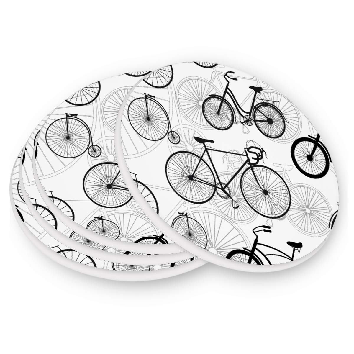 Nander Absorbent Stone Drink Coasters Set of 4 - Bicycle Bike Print Bar Coasters for Coffee, Beer, Wine & Cocktails - Perfect for Home, Office & Pub Use