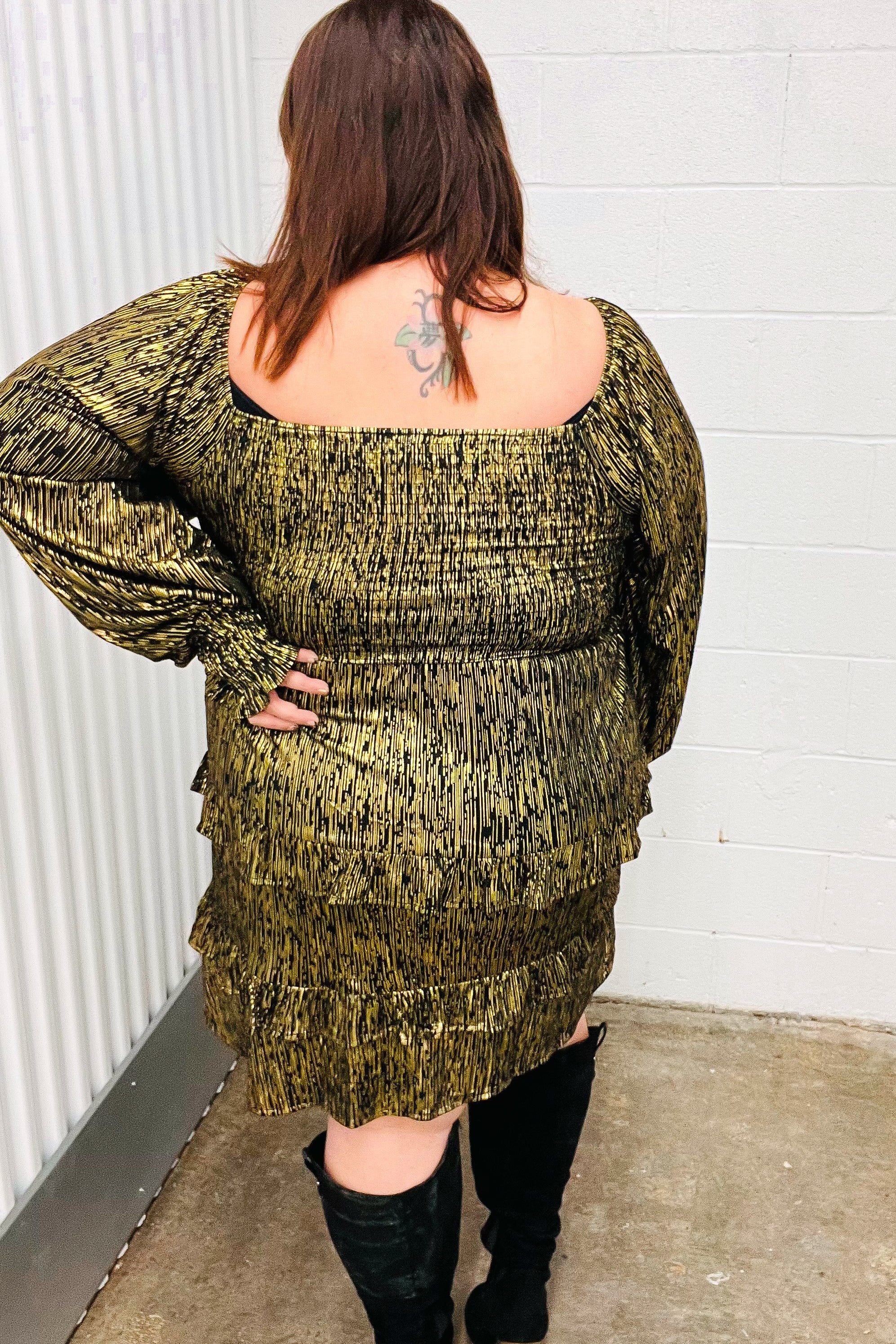 Elegant Black Gold Foiled Smocked Fit & Flare Dress for Women - Perfect for Cocktail Parties, Weddings & Evening Events