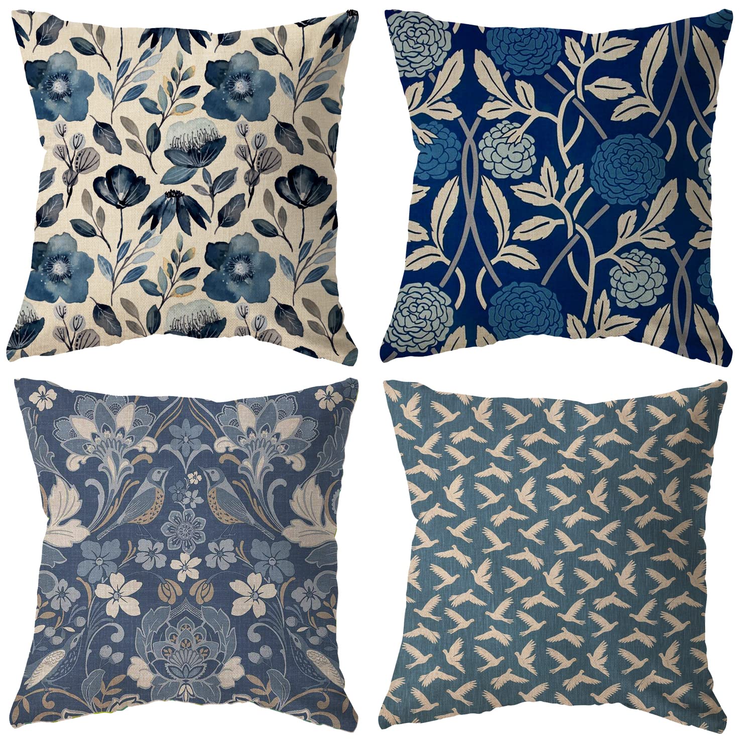 4-Pack Blue Floral Leaf Bird Retro Farmhouse Throw Pillow Covers 18x18 Inch - Cotton Linen Blend Cushion Cases for Sofa, Living Room, Bedroom Decor - Rustic Home Accent Gift for Housewarming, Wedding, Christmas