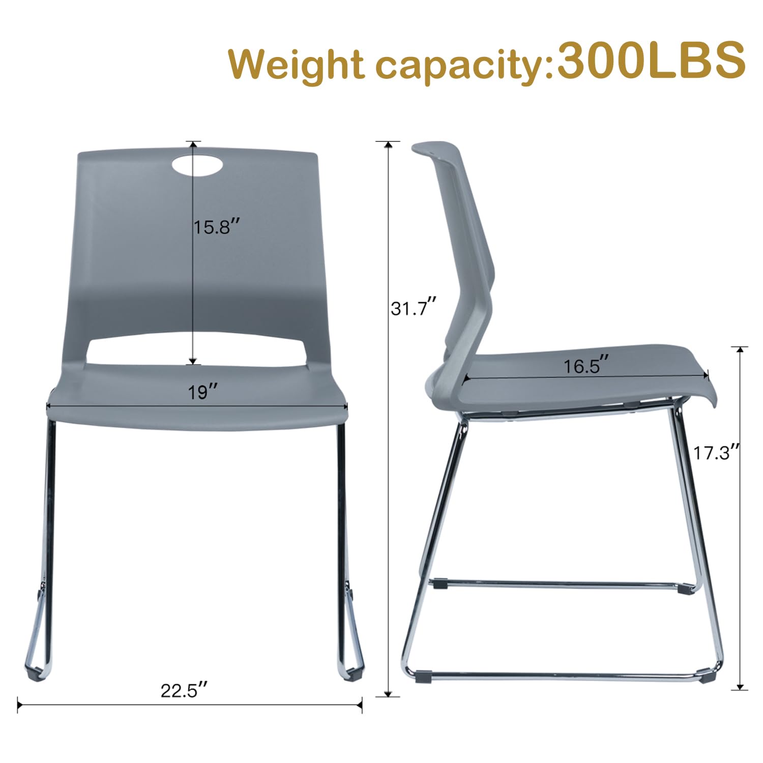 FULONG Stackable Guest Chairs Set of 4 - Armless Plastic Seat Stacking Chairs with Sturdy Metal Frame for Waiting Room, Office, Conference & Events - Gray
