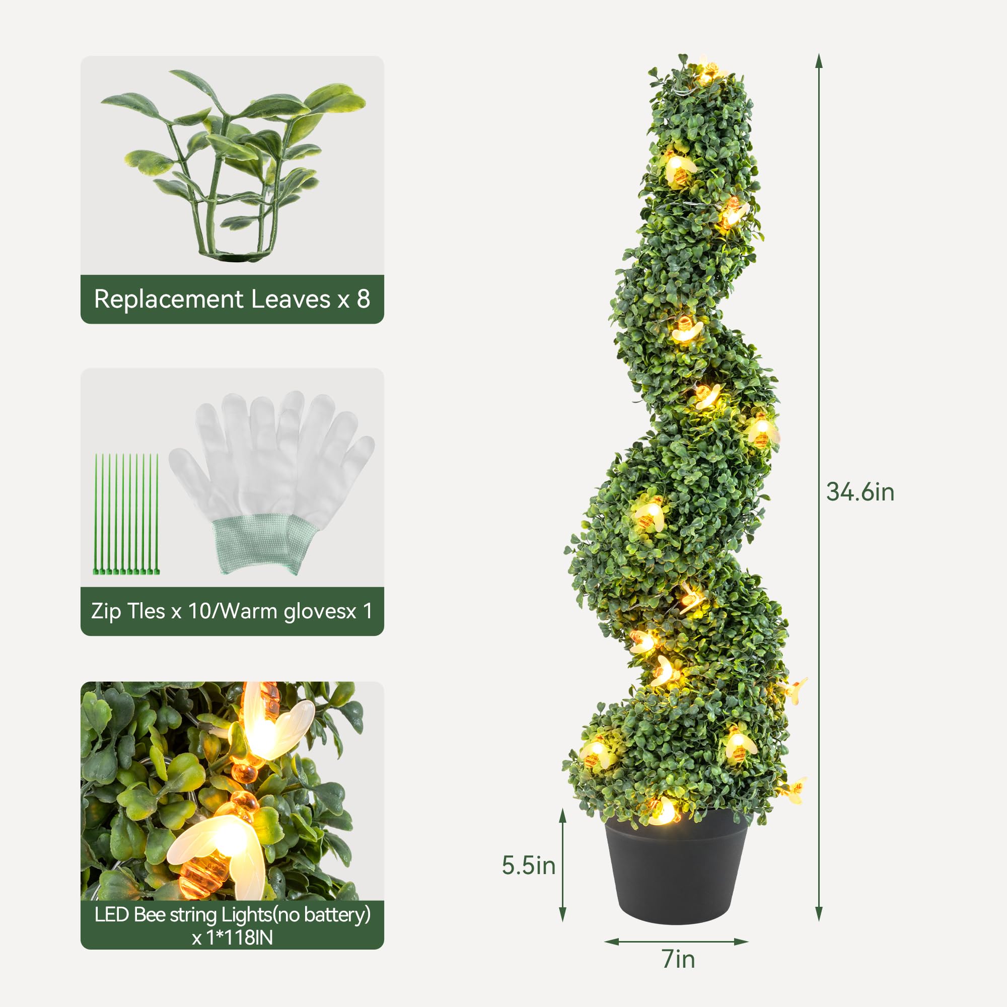 2 Pack 3ft Artificial Boxwood Spiral Topiary Trees with LED Bee Lights - Waterproof UV Resistant Outdoor Indoor Decor for Balcony, Deck, Porch, Garden & Entryway - Includes Sturdy Pot Base for Easy Placement