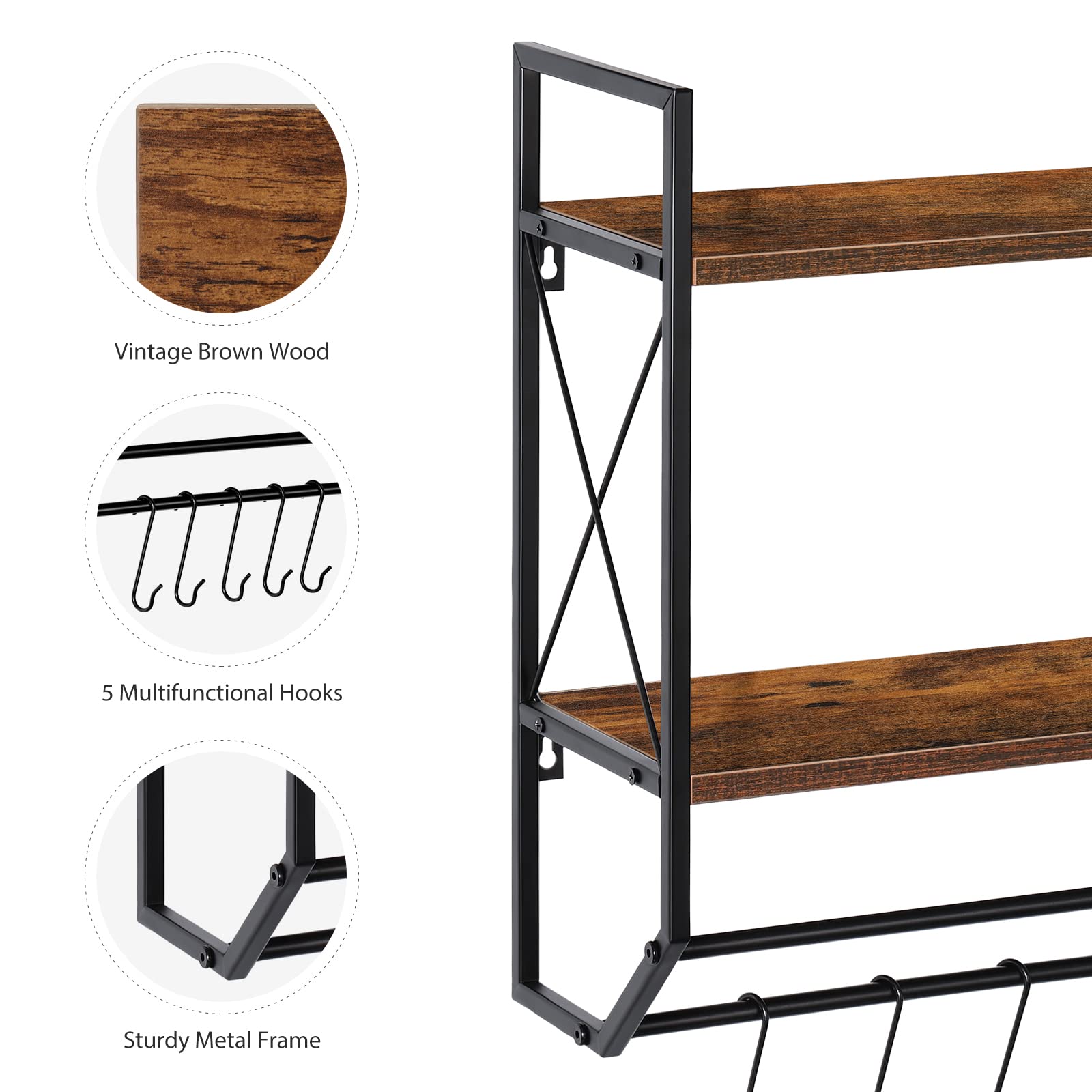 2-Tier Rustic Brown Wall Mounted Bathroom Towel Rack with Shelf & Hooks - Over Toilet Storage Solution for Towels, Decor & Essentials - Perfect for Small Bathrooms, Powder Rooms & Apartment Living