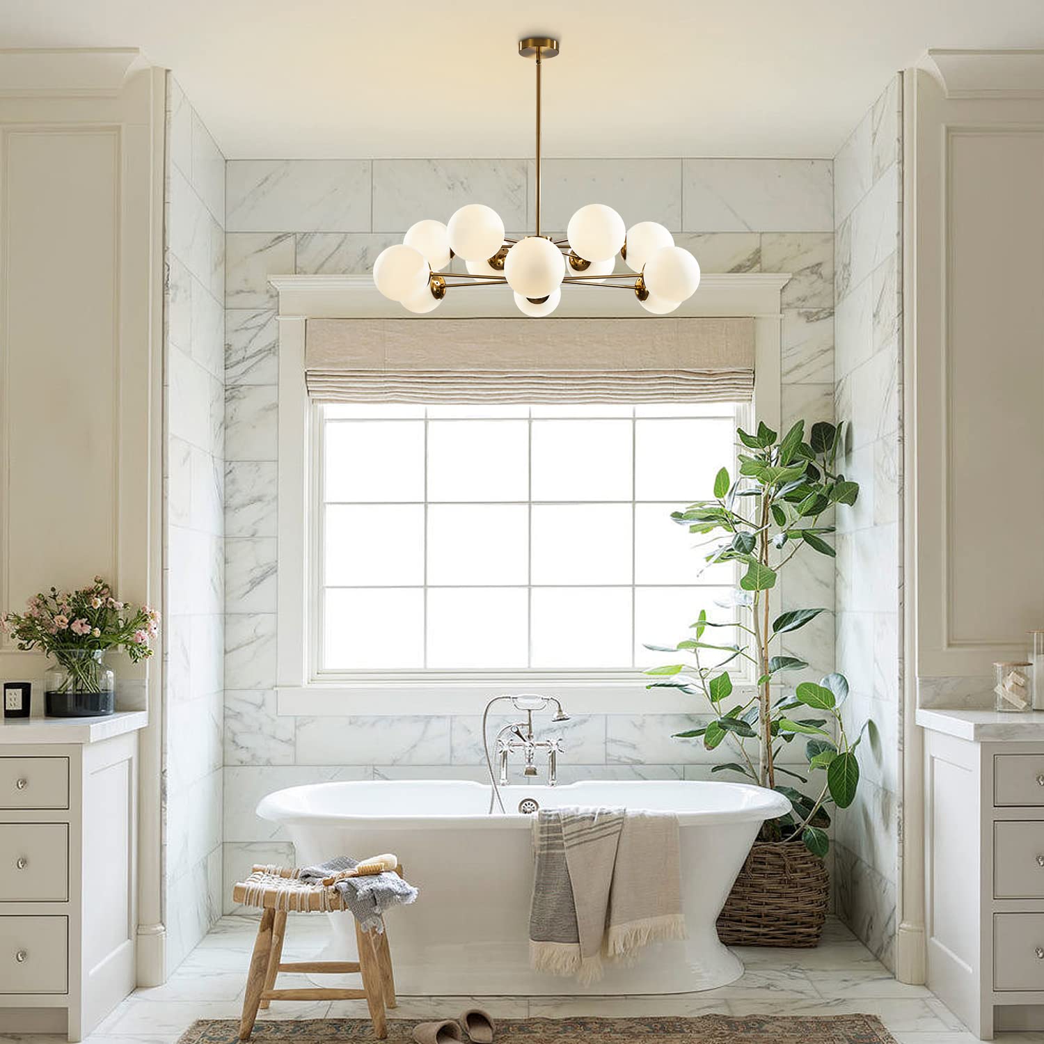 KCO Lighting 12-Light Glass Globe Sputnik Chandelier - Mid Century Modern Brushed Brass Ceiling Fixture with Milk White Glass (Gold+White) - Perfect for Dining Room, Living Room & Bedroom Lighting