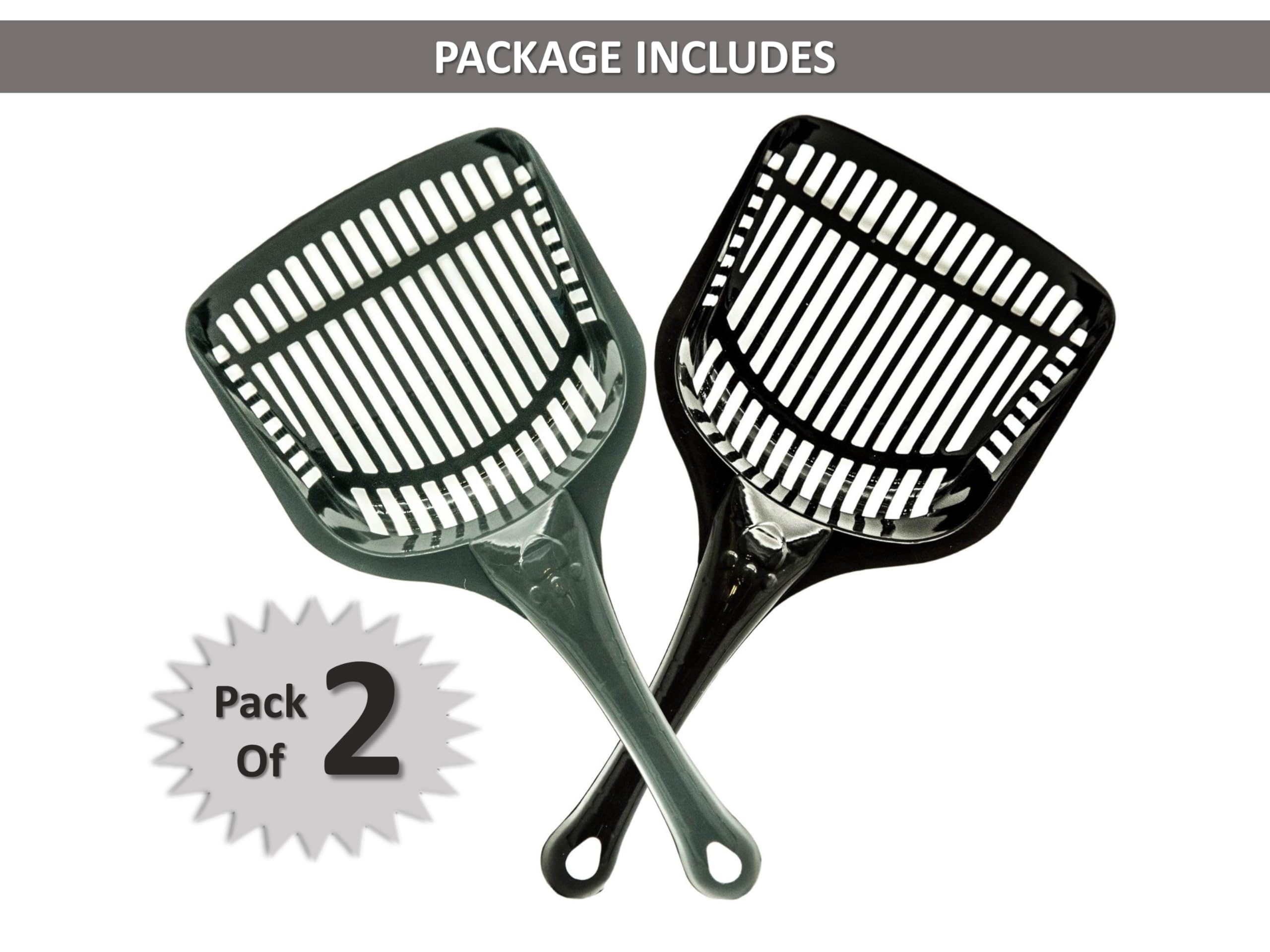 Petopedia 2-Pack Cat Litter Scoop Set - Durable Plastic Litter Shovel with Sand Sifter, Lightweight Poop Scoop for Easy Cleaning (Black & Grey) - Perfect for Litter Box Maintenance & Multi-Cat Households