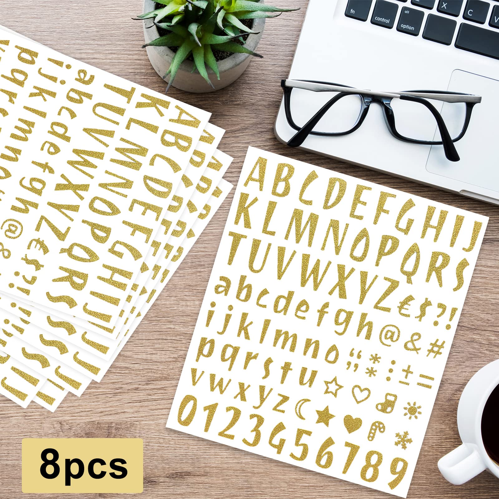 Glitter Alphabet Letter Stickers - 680Pcs Self-Adhesive Gold Number & Letter Stickers for Graduation Caps, DIY Crafts, Christmas Mailbox Decor, Business Signs - 8 Sheets (Perfect for Scrapbooking & Party Decorations)