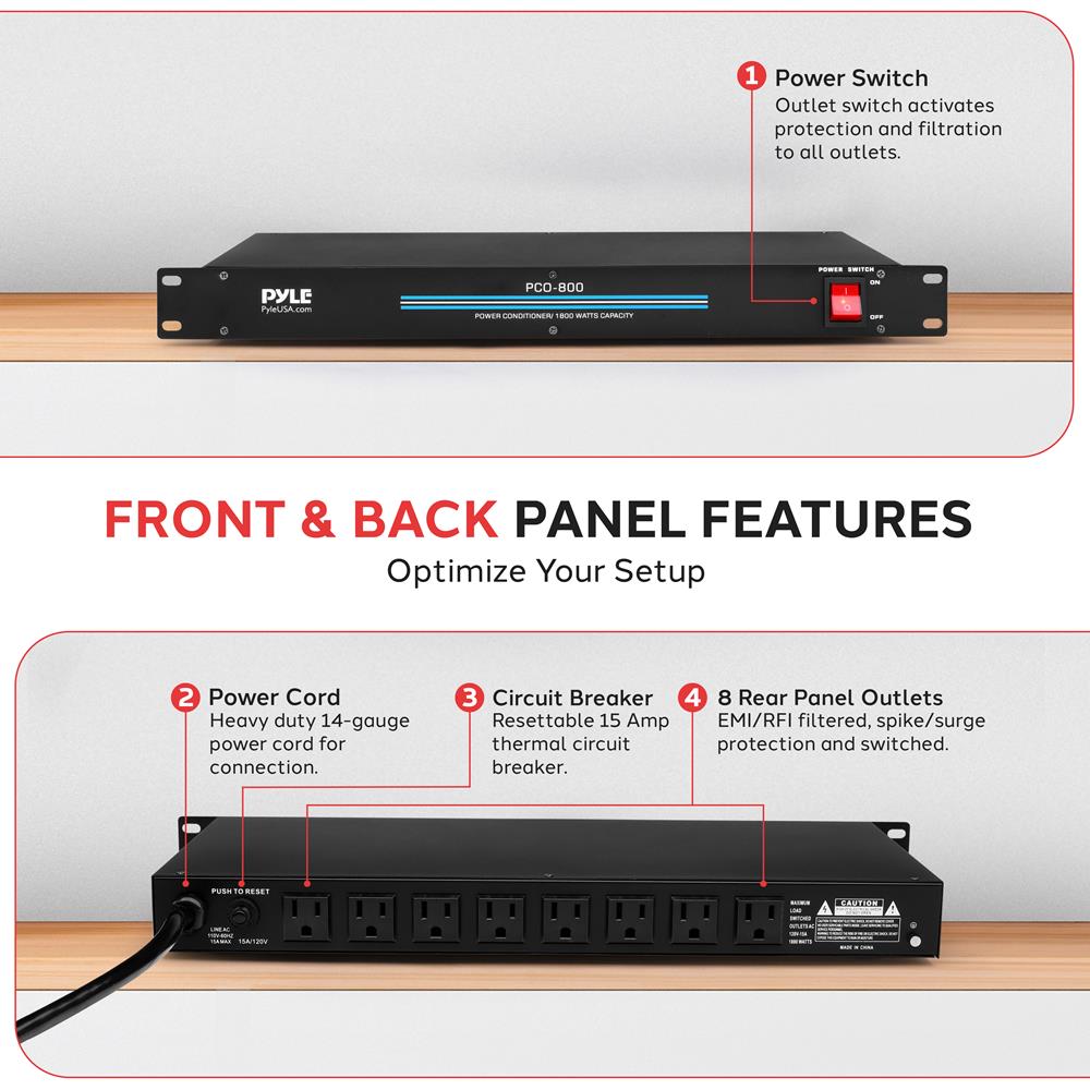 8-Outlet Rack Mount Power Conditioner with Surge Protection - Professional Audio/Video Equipment Power Strip for Studio, Home Theater & Server Rack