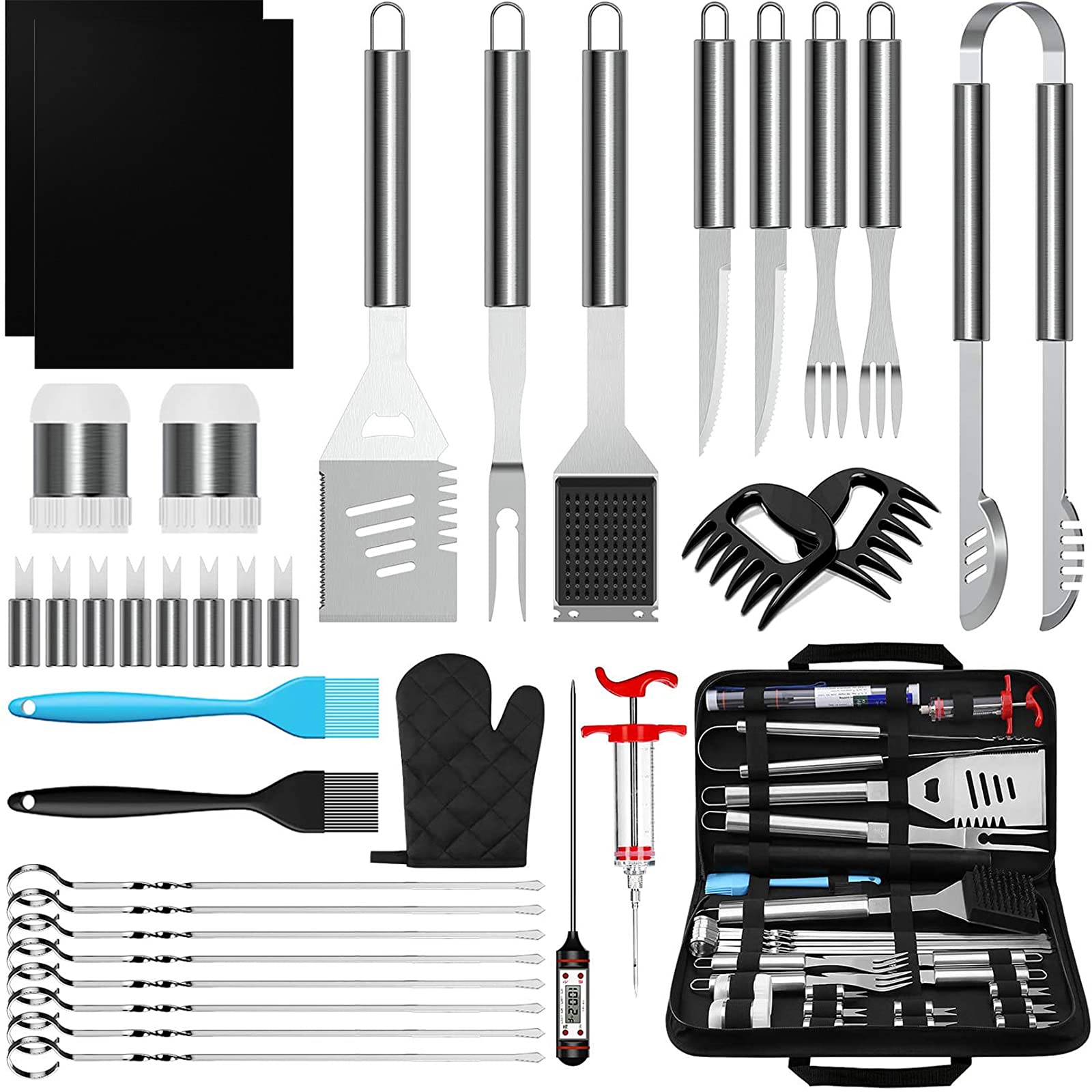 35-Piece Stainless Steel BBQ Grill Accessories Set with Meat Thermometer, Injector & Portable Carrying Bag - Perfect for Camping, Backyard Grilling & Outdoor Cooking