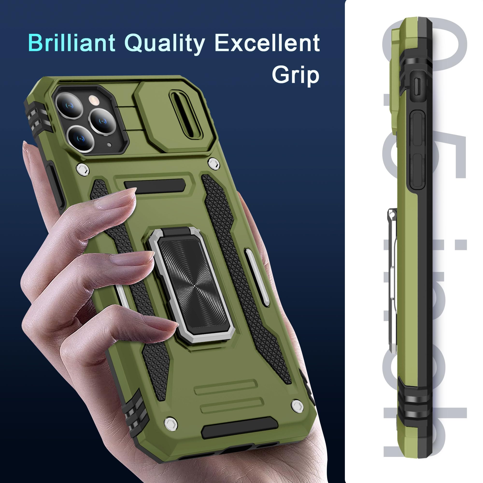 DEERLAMN iPhone 11 Pro Max Case with Slide Camera Cover & Screen Protector (6.5 Inch) - Military Grade Shockproof Protective Cover with Rotating Ring Kickstand in Olive Green | Perfect for Outdoor Activities, Travel & Daily Protection