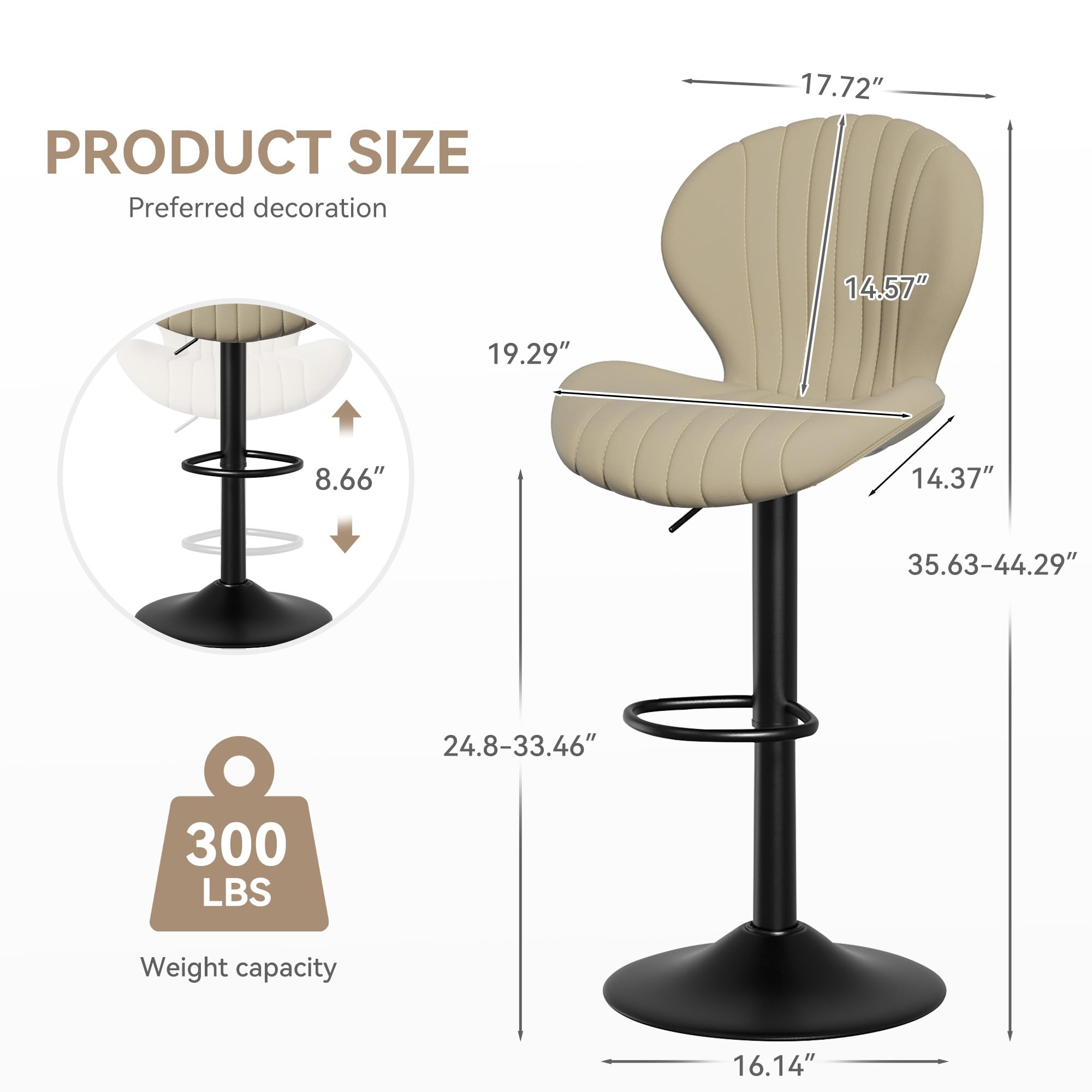 Modern Bar Stools Set of 2 - Adjustable Swivel Counter Height Stools with High Backrest, Beige Kitchen Island Stools for Dining Room, Bar & Home Decor