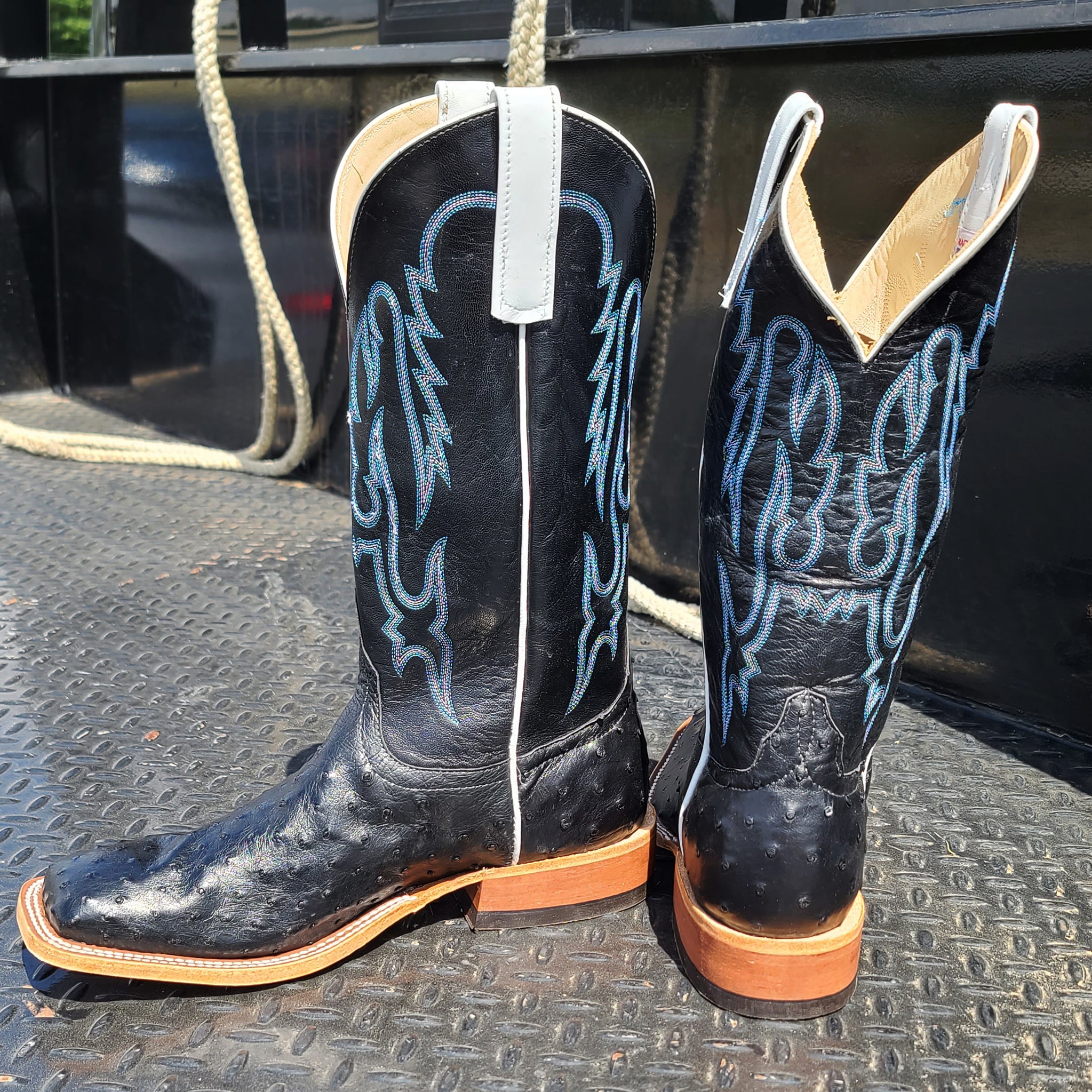 Anderson Bean Men's Black Ostrich Leather Cowboy Boots - Premium Western Boots for Men, Comfortable Riding & Country Style Fashion