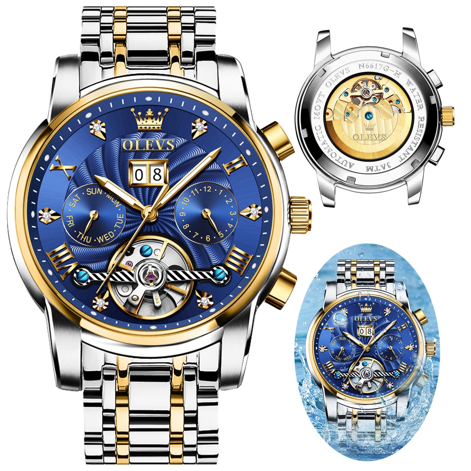 OLEVS Automatic Mechanical Tourbillon Men's Watch - Self-Winding Skeleton Stainless Steel Waterproof Luminous Date Wristwatch for Business, Casual & Formal Occasions