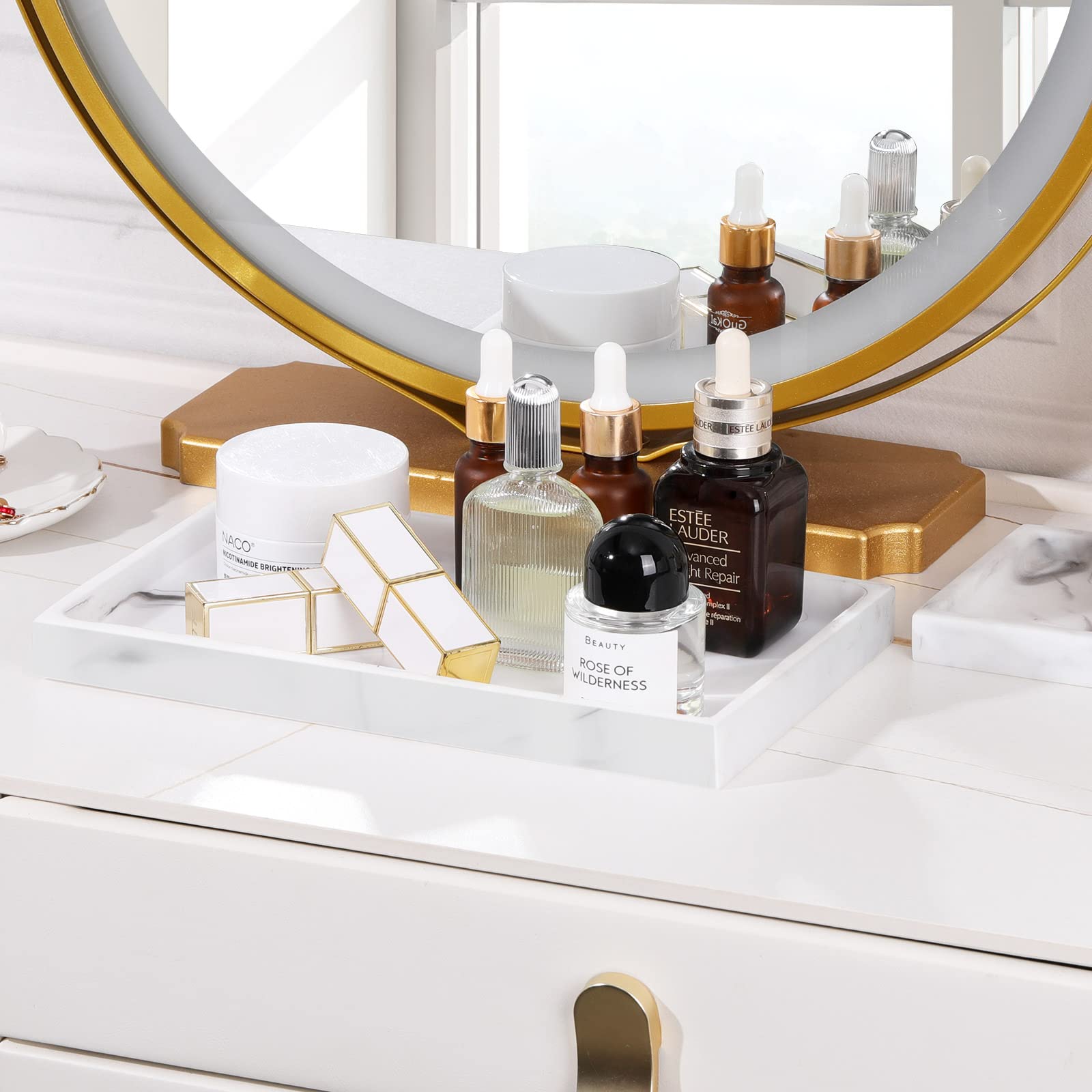 Luxspire White Marble Bathroom Vanity Tray - Resin Jewelry Organizer, Ring Dish & Countertop Storage for Perfume, Candles, Soap, Towels | Bathroom, Dresser & Kitchen Sink Decor | Perfect for Home, Spa & Hotel Use