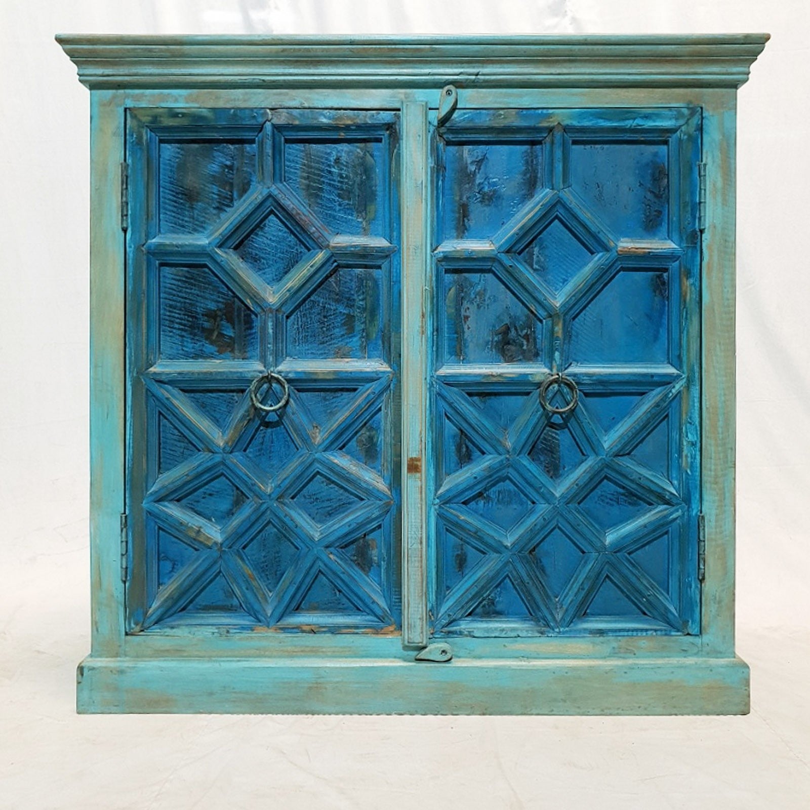 Hand Carved French Arched Buffet Sideboard with Turquoise Finish - 107x45x103cm - Vintage Dining Room Furniture for Farmhouse & Rustic Decor