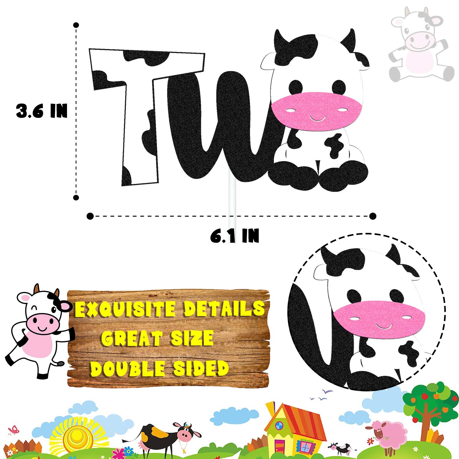 Happy 2nd Birthday Cow Cake Topper - Double Sided Black Sparkle Farm Animal Decorations for Cow Themed 2nd Birthday Party, Zoo Party Supplies - Perfect for Farm Animal Birthday Cakes, Baby Showers & Barnyard Celebrations