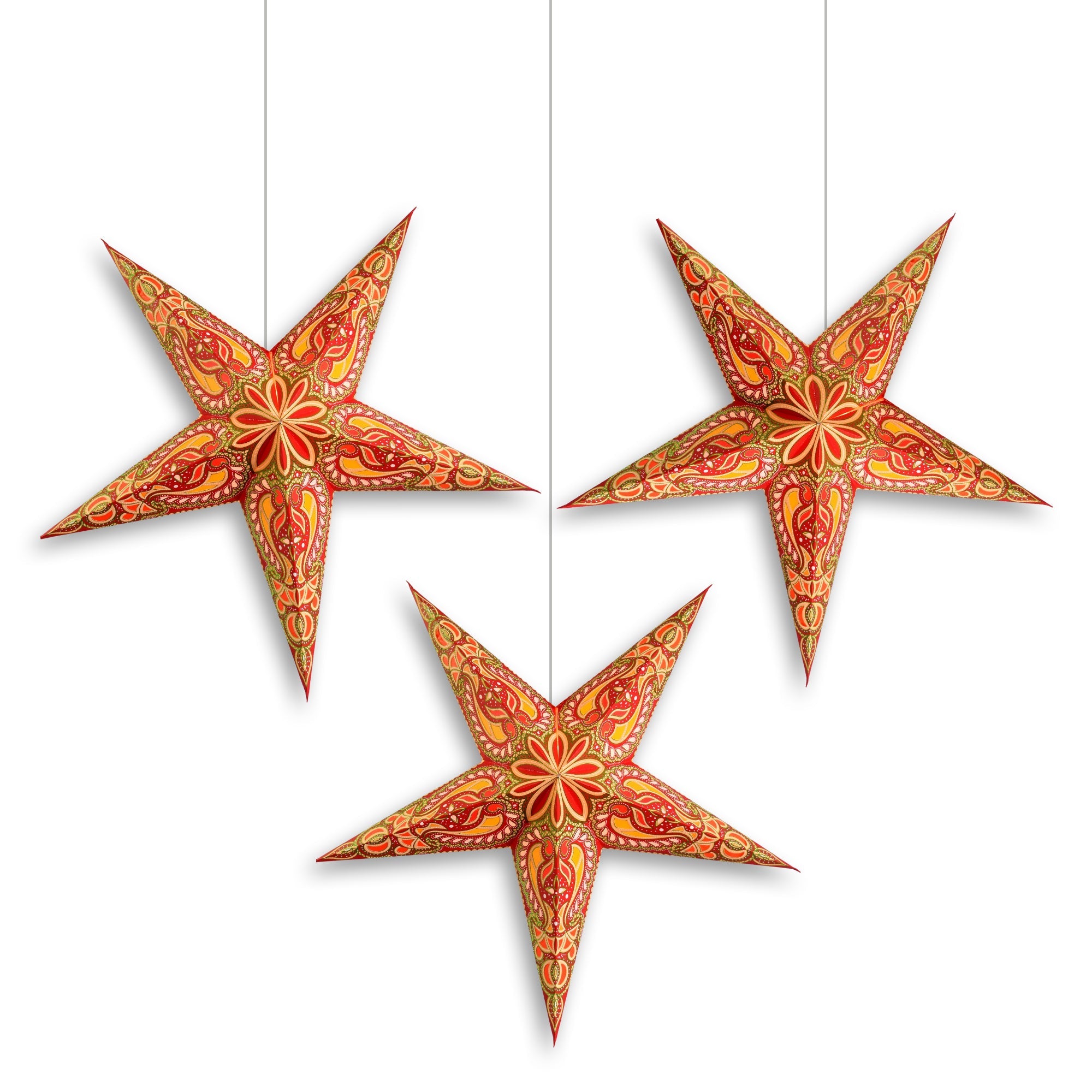 3 Pack 24 Inch Red Glitter Paper Star Lantern with LED Lights - Hanging Party Decor for Christmas, Wedding, Baby Shower & Home Decoration