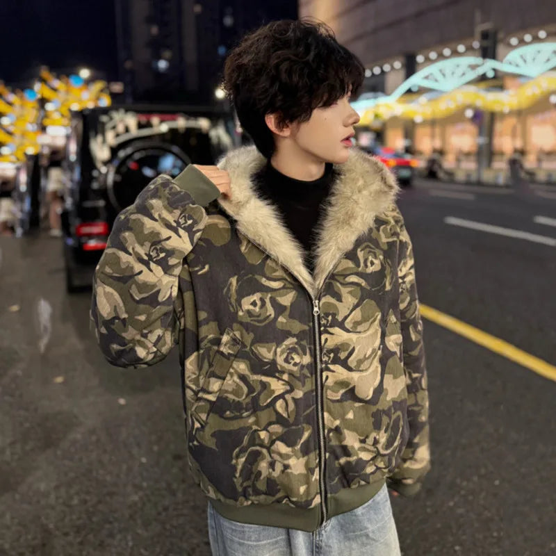 2024 Fashion Men's Winter Camouflage Hooded Jacket with Zipper & Contrast Color Patchwork - Outdoor Hunting, Hiking & Casual Wear (Style 9C9020)