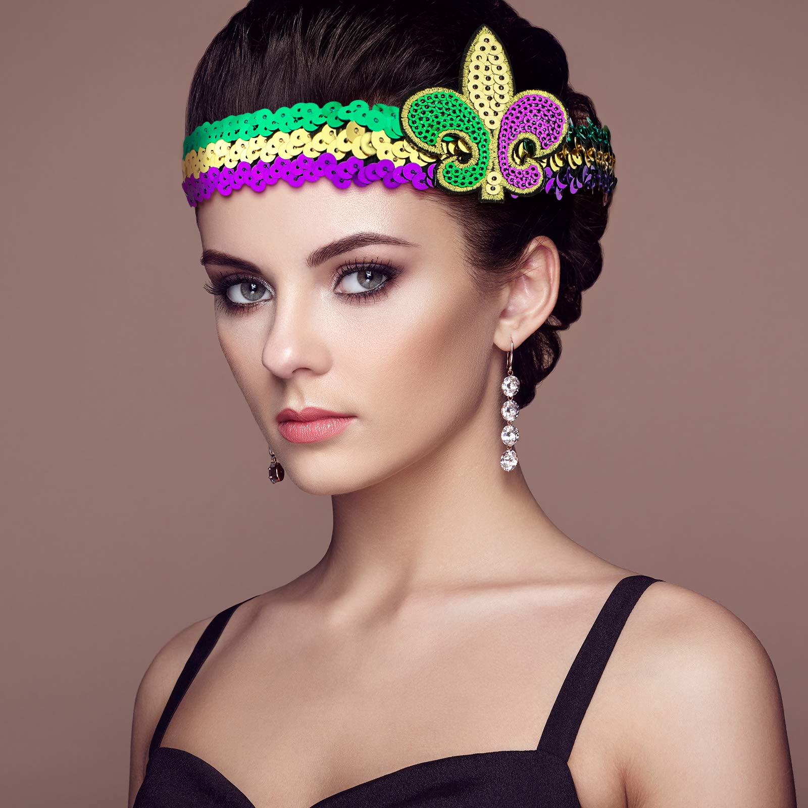 Chuangdi 3-Piece Mardi Gras Fleur De Lis Sequin Headbands - Glitter Elastic Hair Bands for Women & Adults - Carnival Party Costume Accessories in Multi-Colors - Perfect for Festivals, Parades & Themed Events
