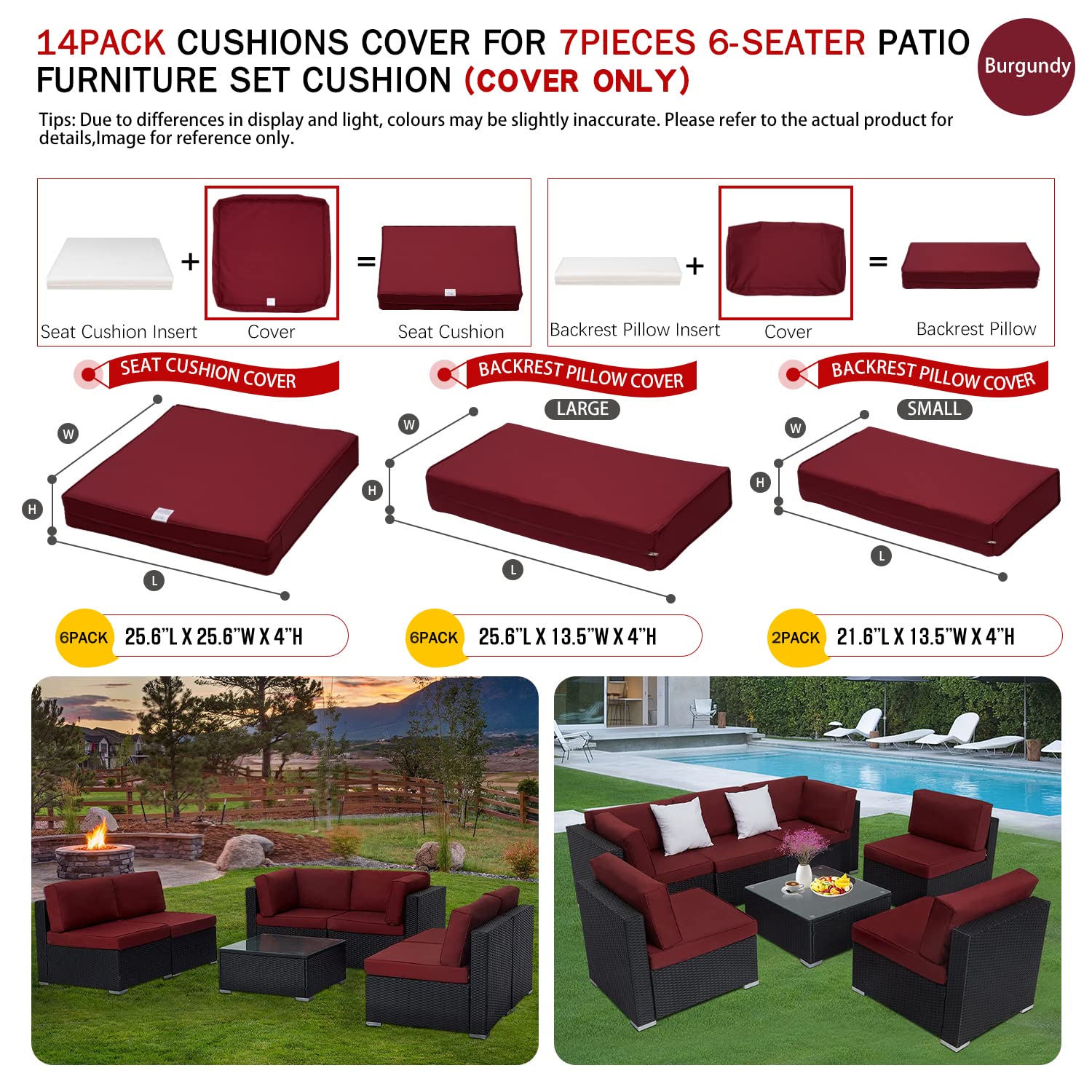 14-Pack Burgundy Outdoor Patio Seat & Back Cushion Covers - Replacement for 7-Piece 6-Seater Wicker Rattan Sectional Sofa Set (Covers Only, Large Size) - Perfect for Garden, Poolside & Patio Furniture Protection