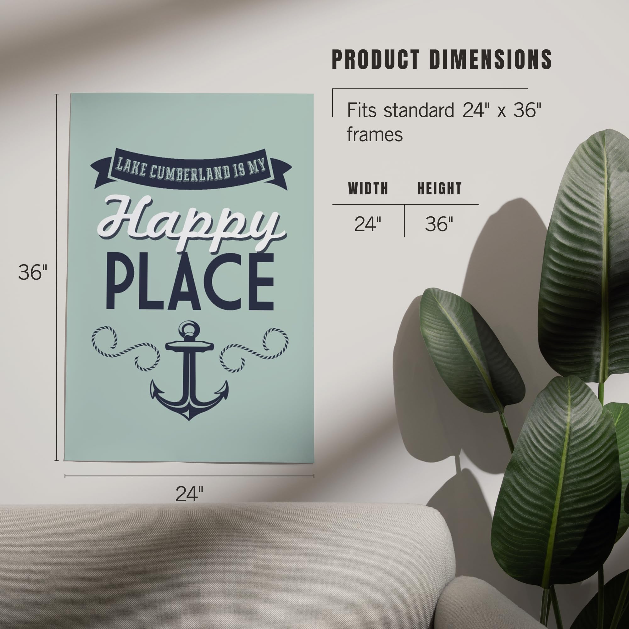 Lantern Press 24x36 Inch Giclee Art Print - Lake Cumberland Kentucky Landscape Wall Decor with Anchor Design (Blue on Green) - Perfect for Living Room, Bedroom or Office Wall Art