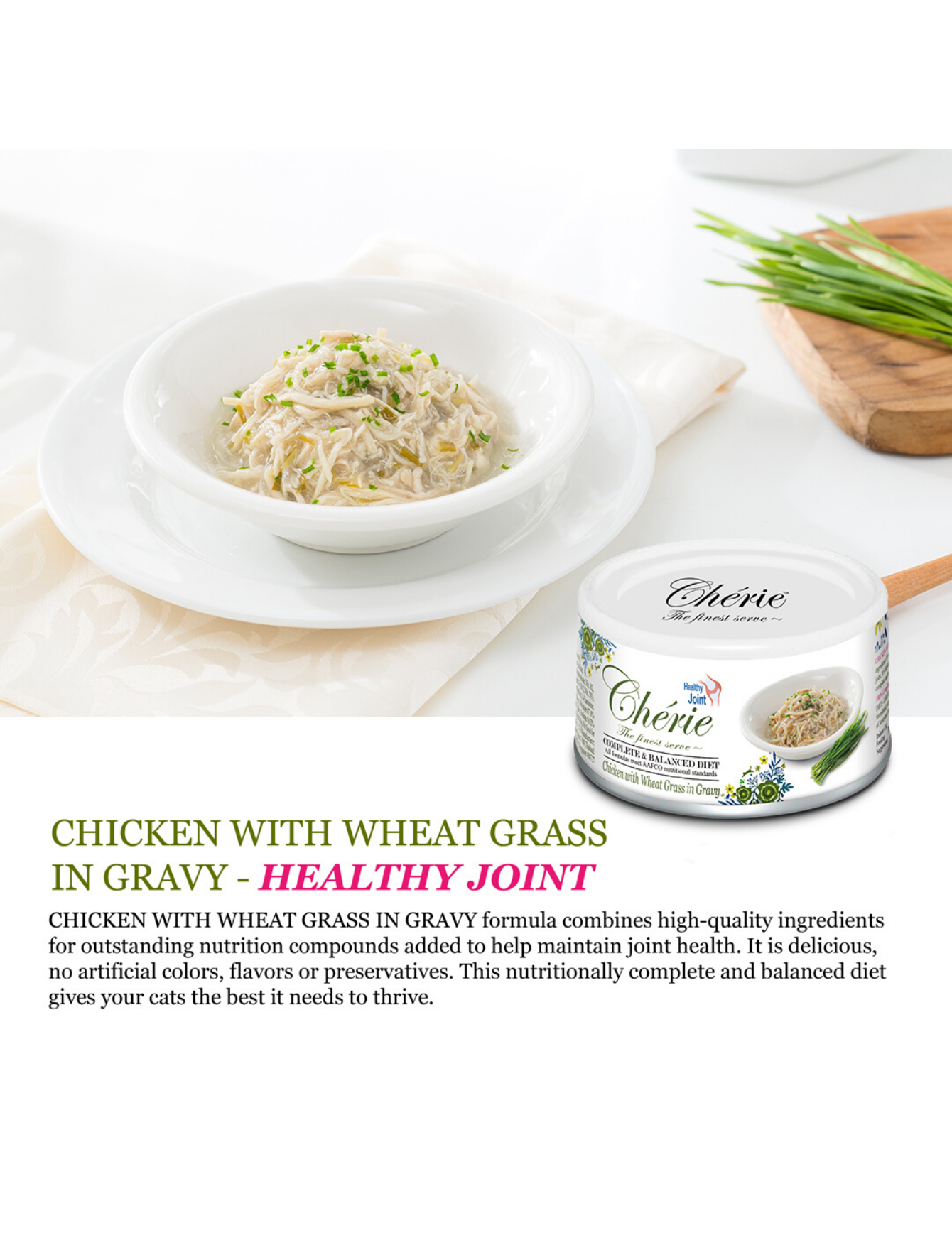 Cherie Complete & Balanced Chicken with Wheat Grass in Gravy - Healthy Joint Support Wet Cat Food (80g) | High Protein Meal for Adult & Senior Cats | Perfect for Digestive Health & Immune System Boost