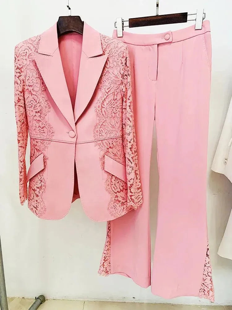 Elegant Lace Patchwork Women's Pant Suit Set with Flared Pants - Formal Office Wear & Evening Party Outfit