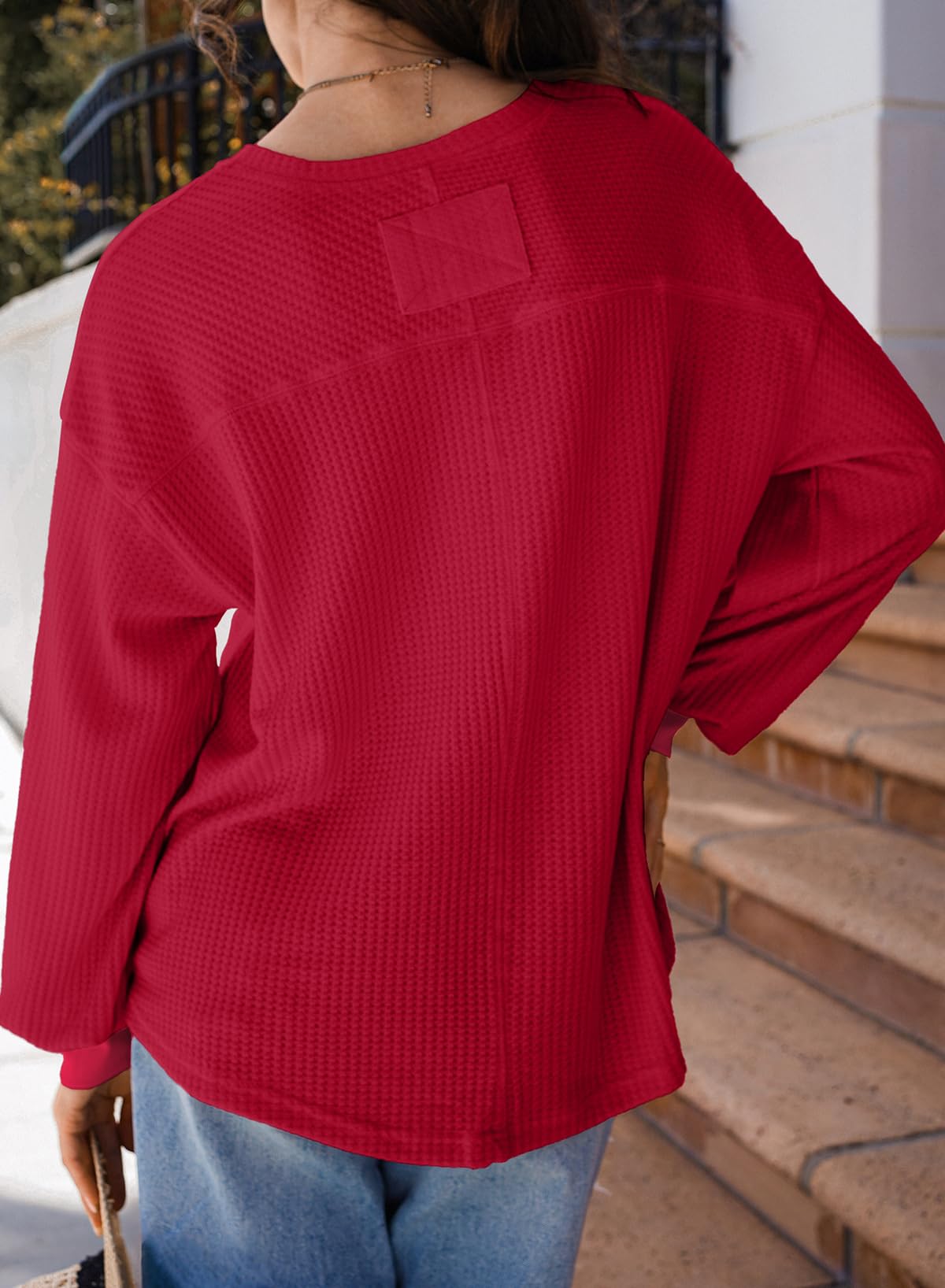 Women's Waffle Knit Long Sleeve V-Neck Oversized T-Shirt - 2025 Fashion Casual Blouse with Lantern Sleeves | Perfect for Everyday Wear, Office Outfits & Weekend Relaxation
